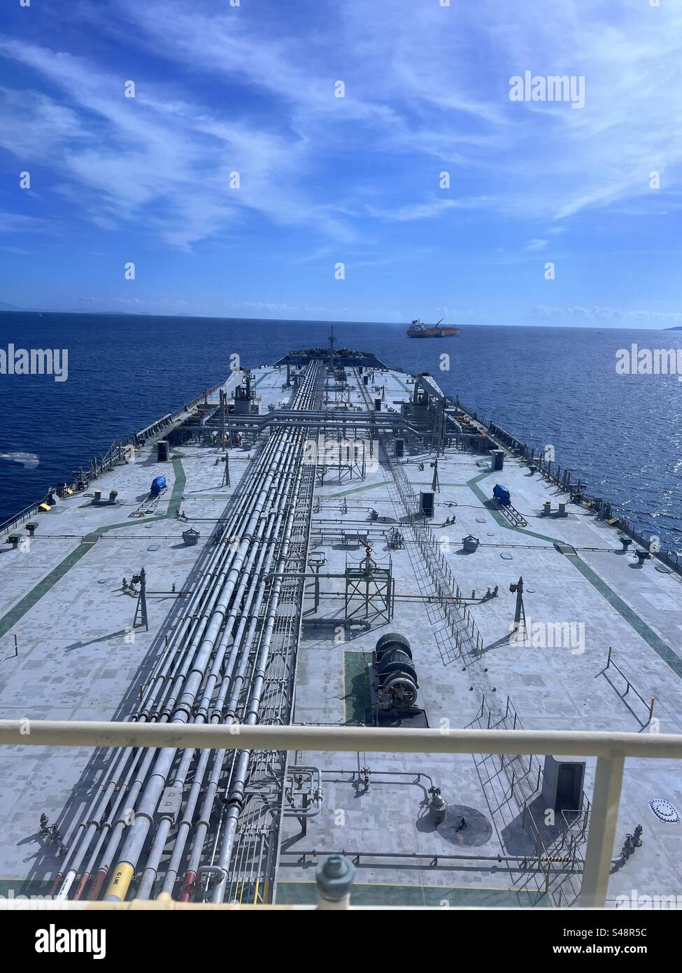 Tanker vessel, view from the bridge of the ship. Stock Photo