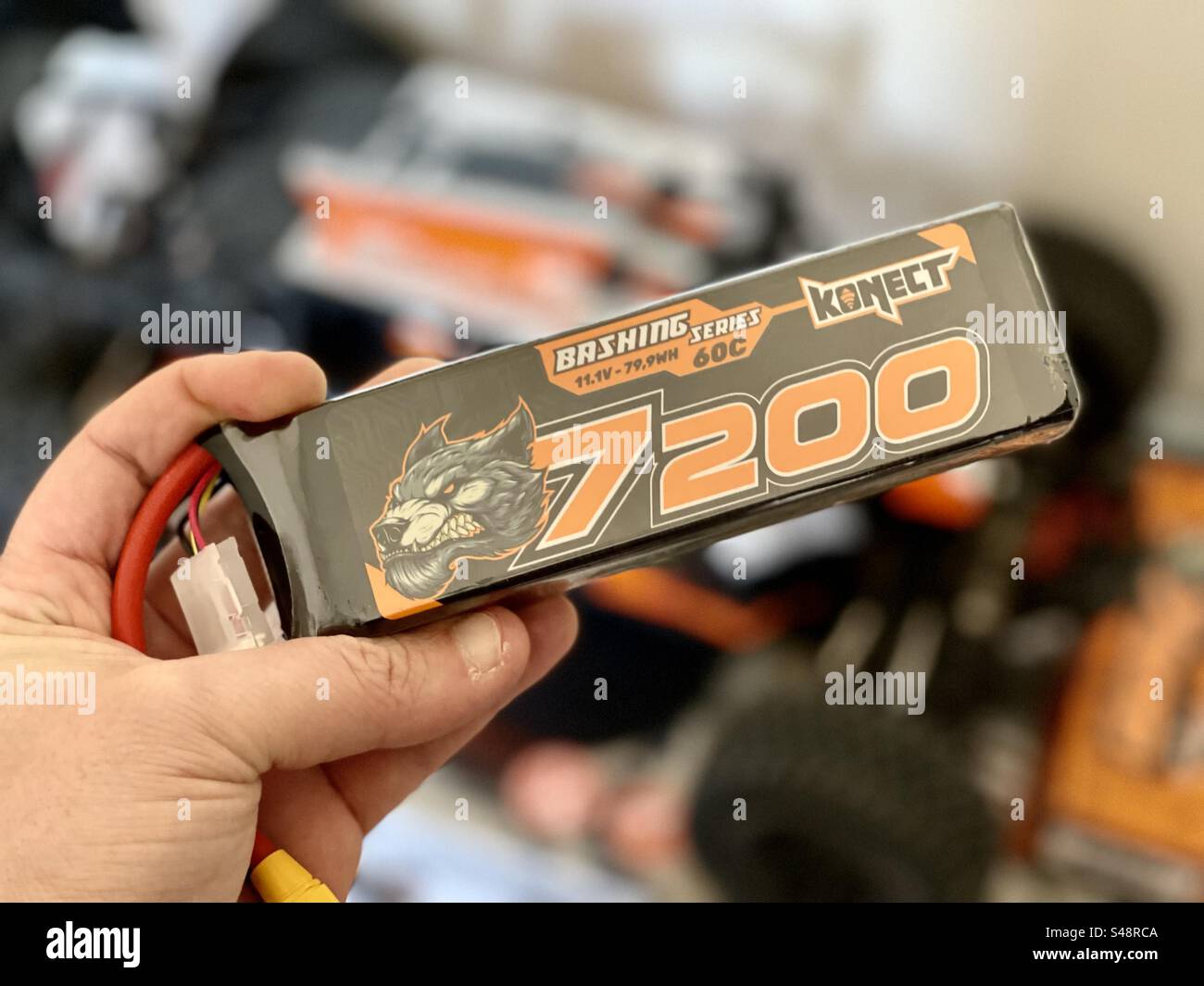 Shot of a 7200 MA Konect Li-Po lithium-polymer 60C bashing series battery for RC remote controlled car - Smartphone Captured Stock Image