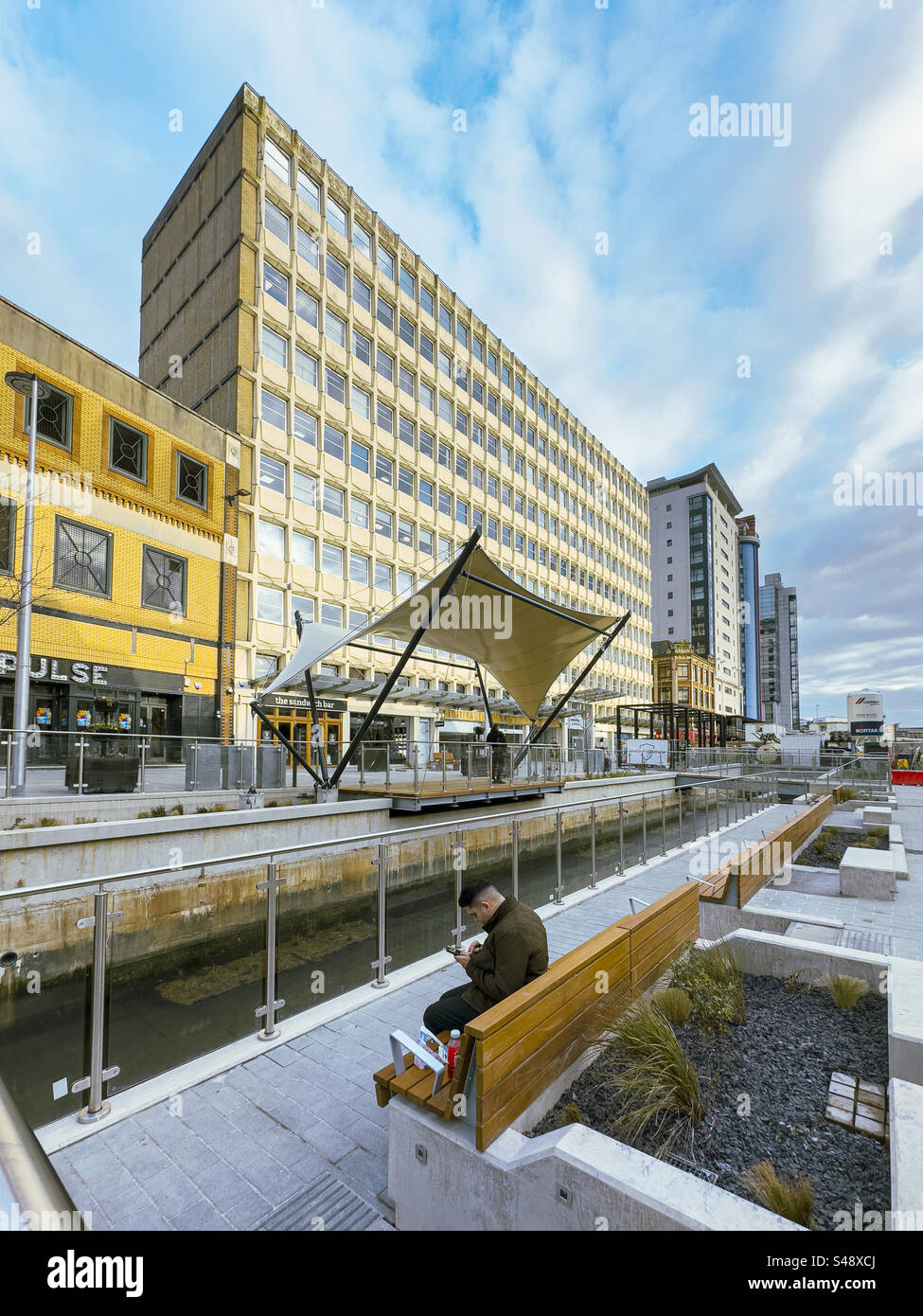 The reopened Churchill Way Canal, Central Cardiff: Phillip Roberts - Smartphone Captured Stock Image