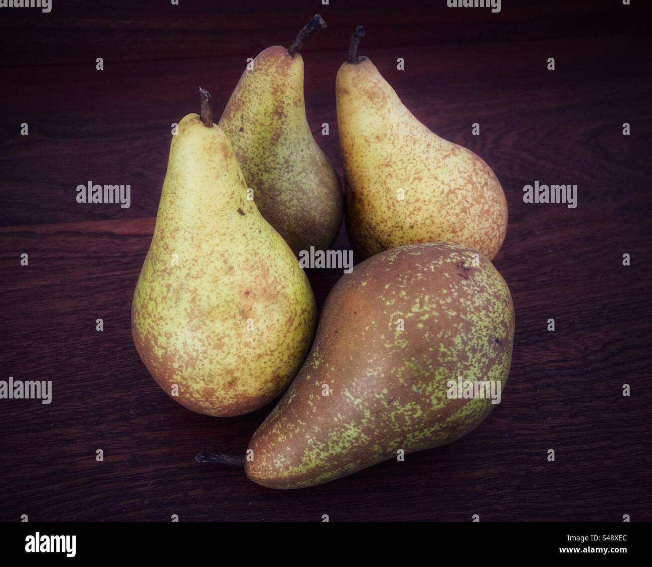 Four Conference pears on a wooden counter - Smartphone Captured Stock Image