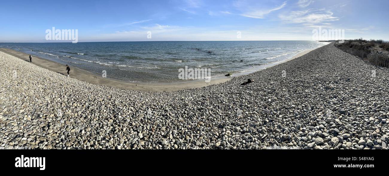 High resolution panorama of a rocky virgin wild beach near Palavas, Occitanie, France. - Smartphone Captured Stock Image