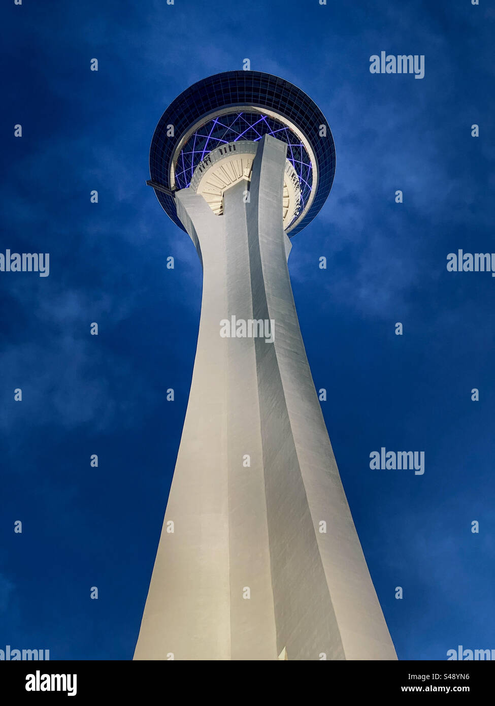 Upward view of the iconic stratosphere casino tower in Las Vegas - Smartphone Captured Stock Image