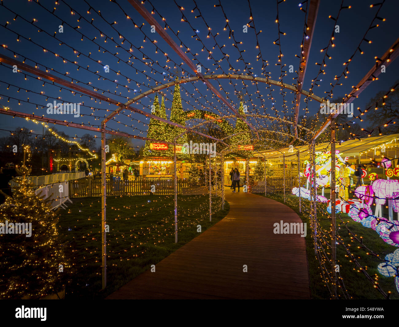 Christmas illuminations at Cardiff Castle 2024 with Santa, Rudolph, and snowmen, festive lifestyle scene: Phillip Roberts - Smartphone Captured Stock Image
