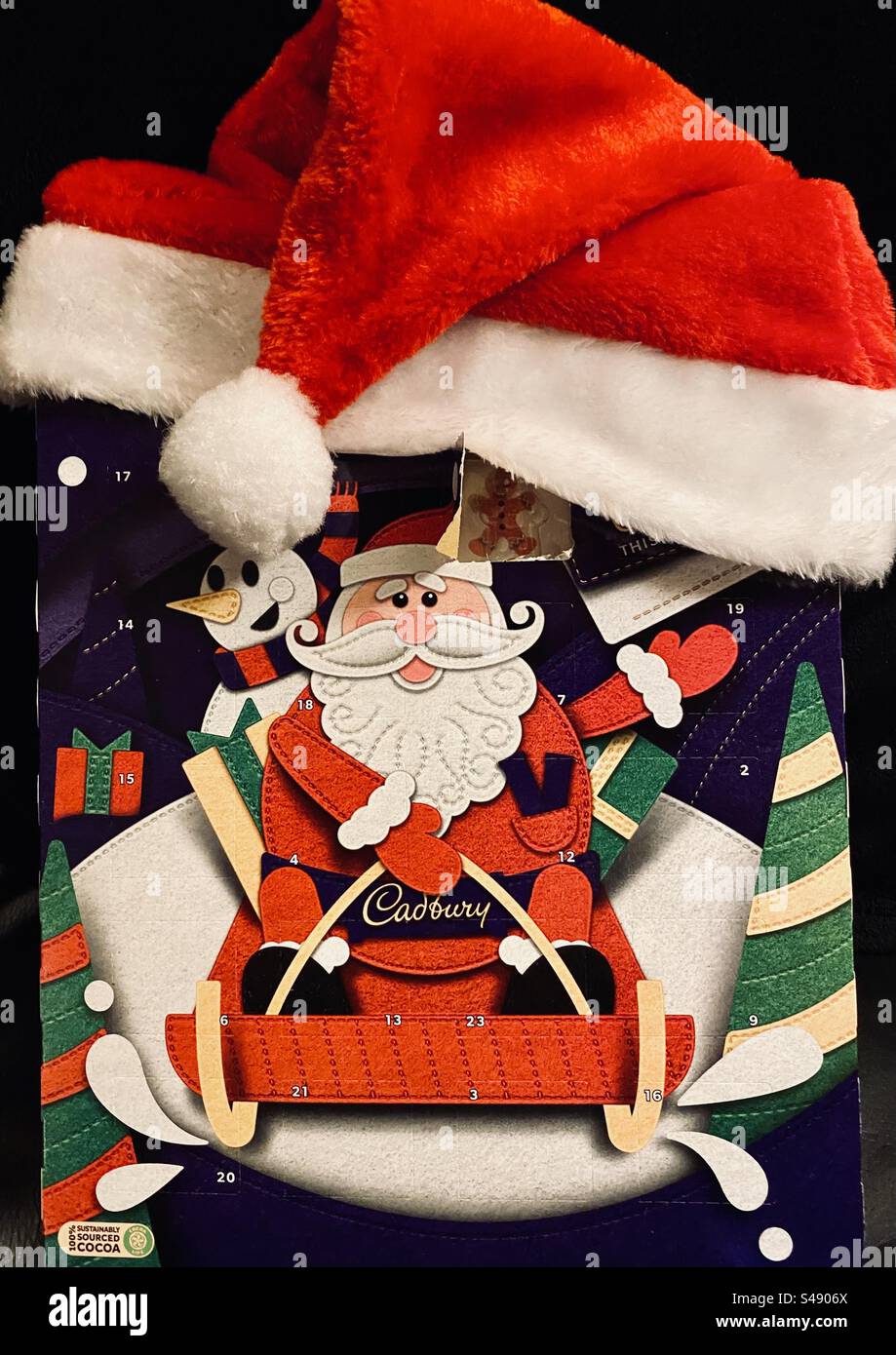 Children’s chocolate advent calendar with first door open Stock Photo