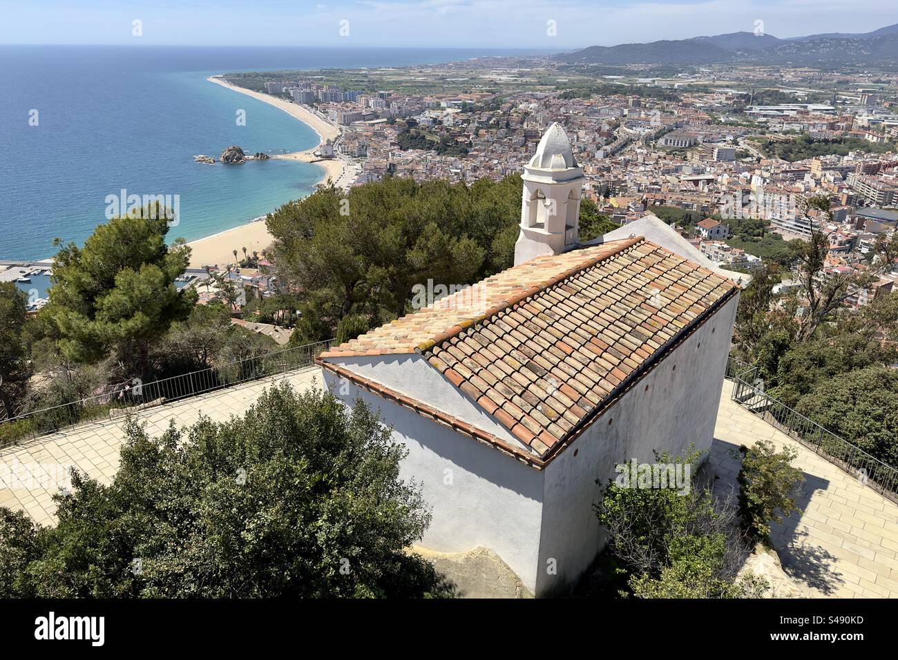 Panoramic view of the city of Blanes, seen from from the lighthouse behind the church. - Smartphone Captured Stock Image