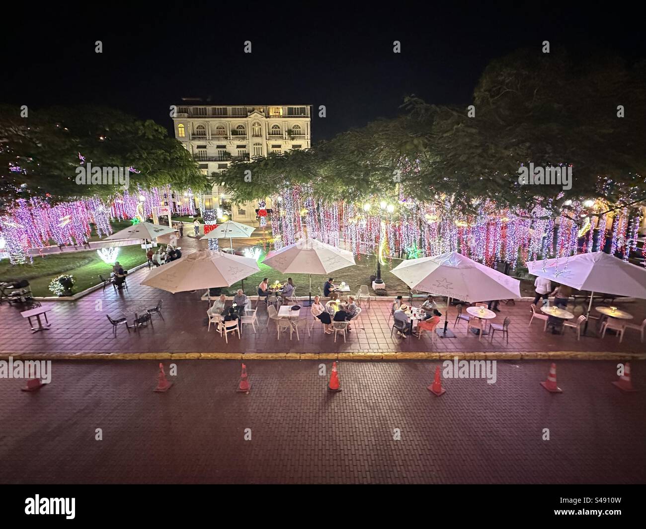 Christmas lights in Panama. Plaza Herrera seen from the terrace of Blue moon in Casco Viejo area, Panama city - Smartphone Captured Stock Image