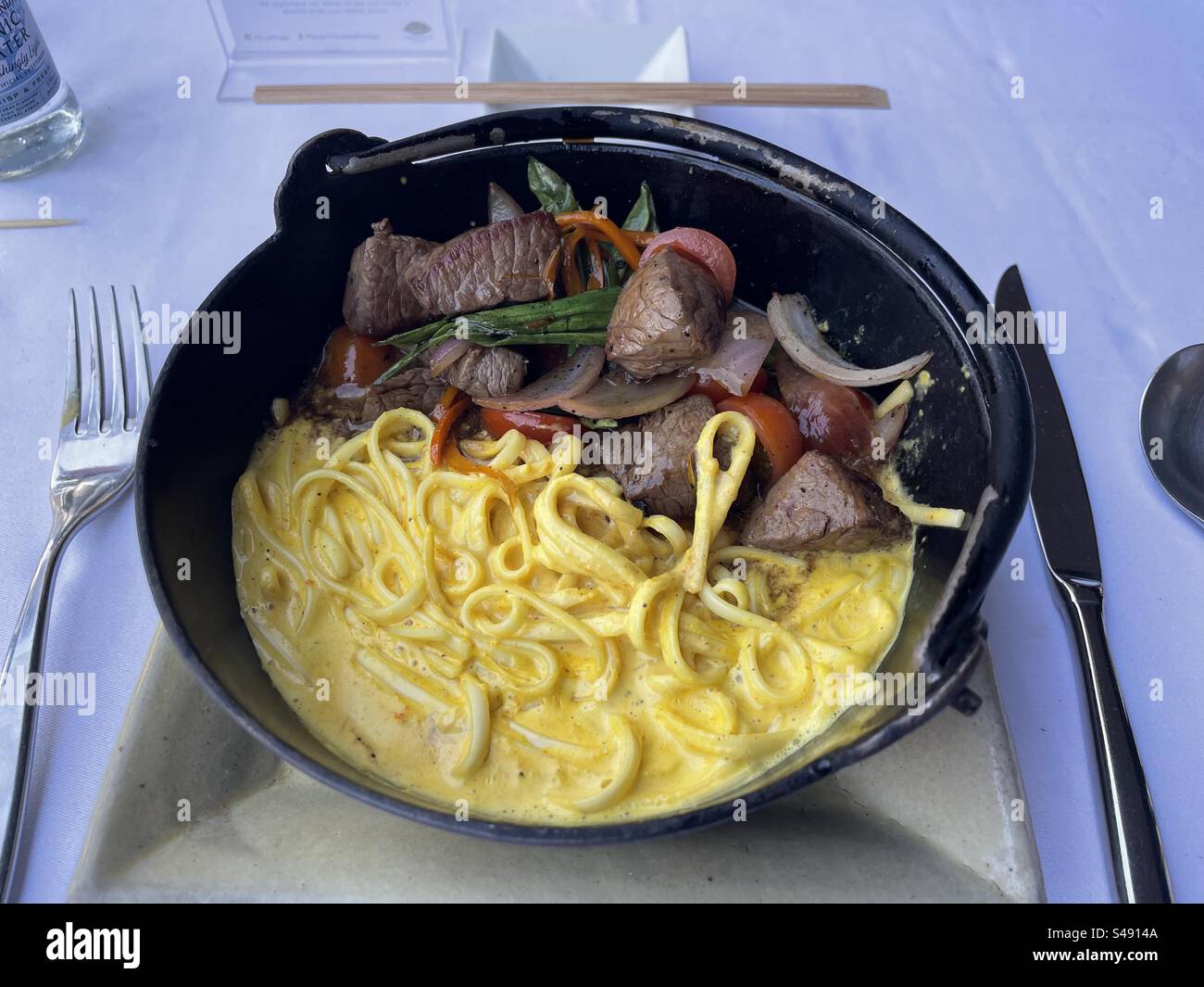 Japanese seared beef and noodles served in Santiago - Chile - Smartphone Captured Stock Image