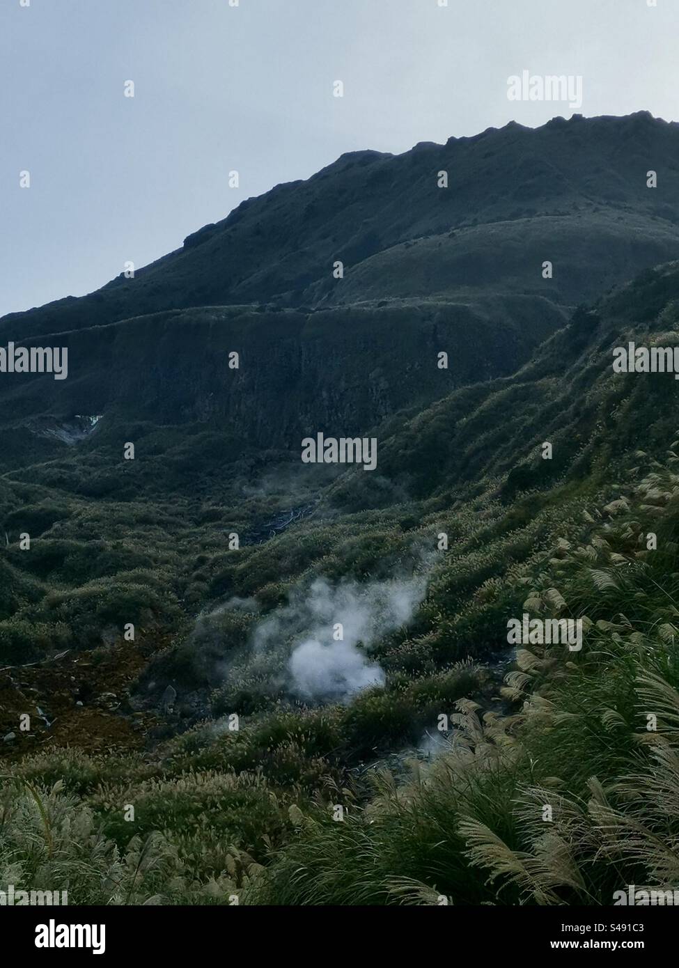 Sulphuric smoke rising from the earth at  the Yangmingshan national park in Taiwan. - Smartphone Captured Stock Image