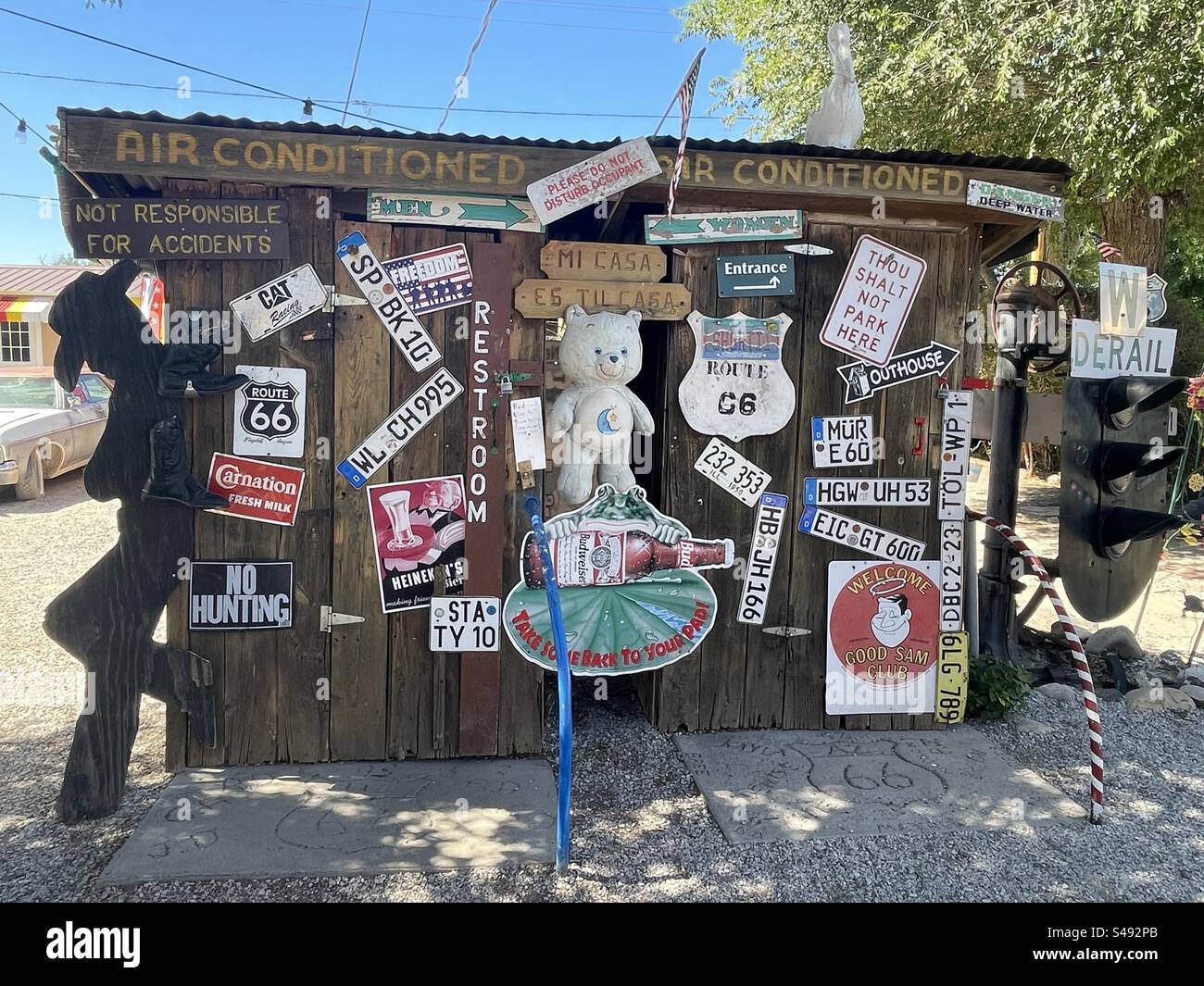 Vintage restroom in Seligman, town on the historic Route 66, Arizona, USA - Smartphone Captured Stock Image