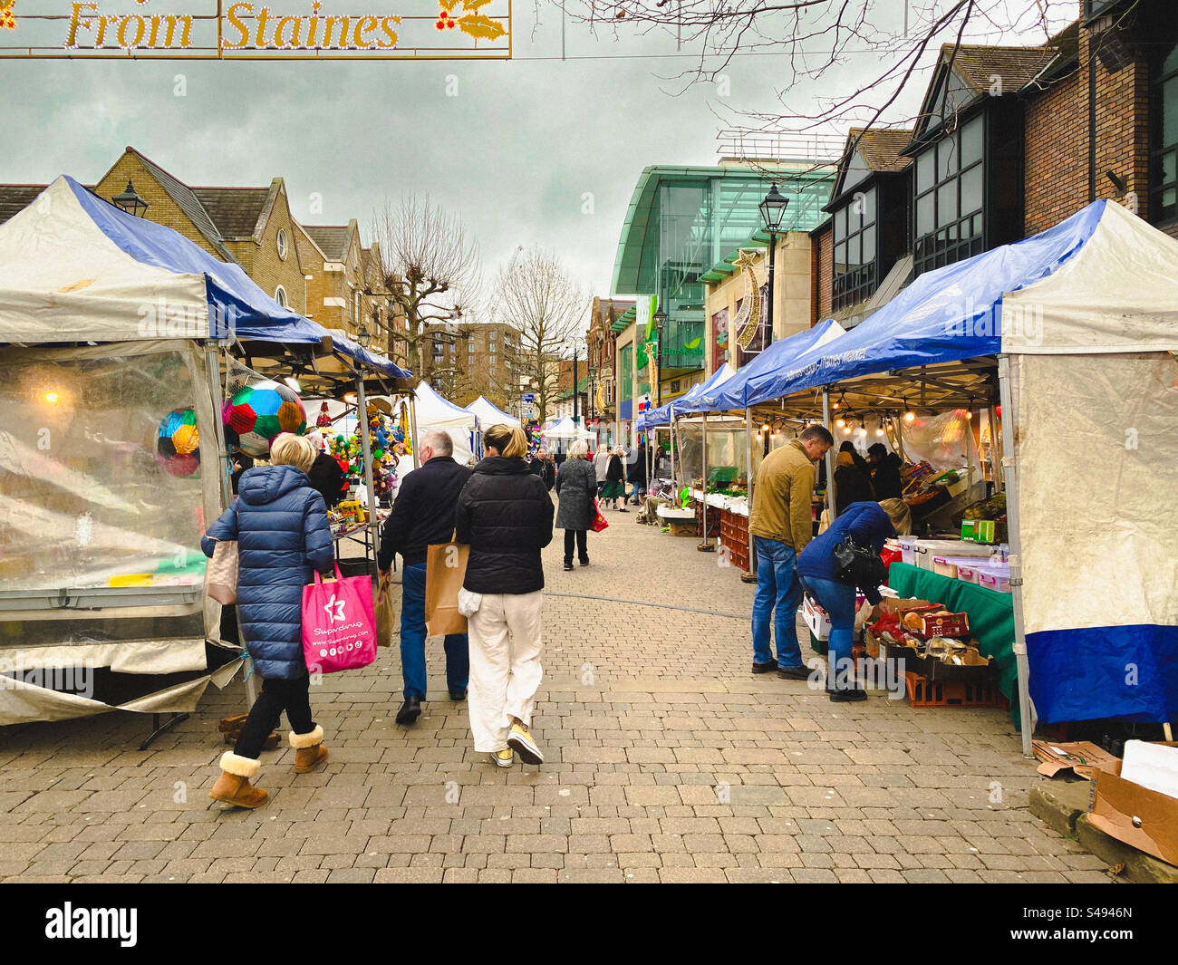 Market stalls on The High Street in Staines-upon-Thames in The UK. - Smartphone Captured Stock Image