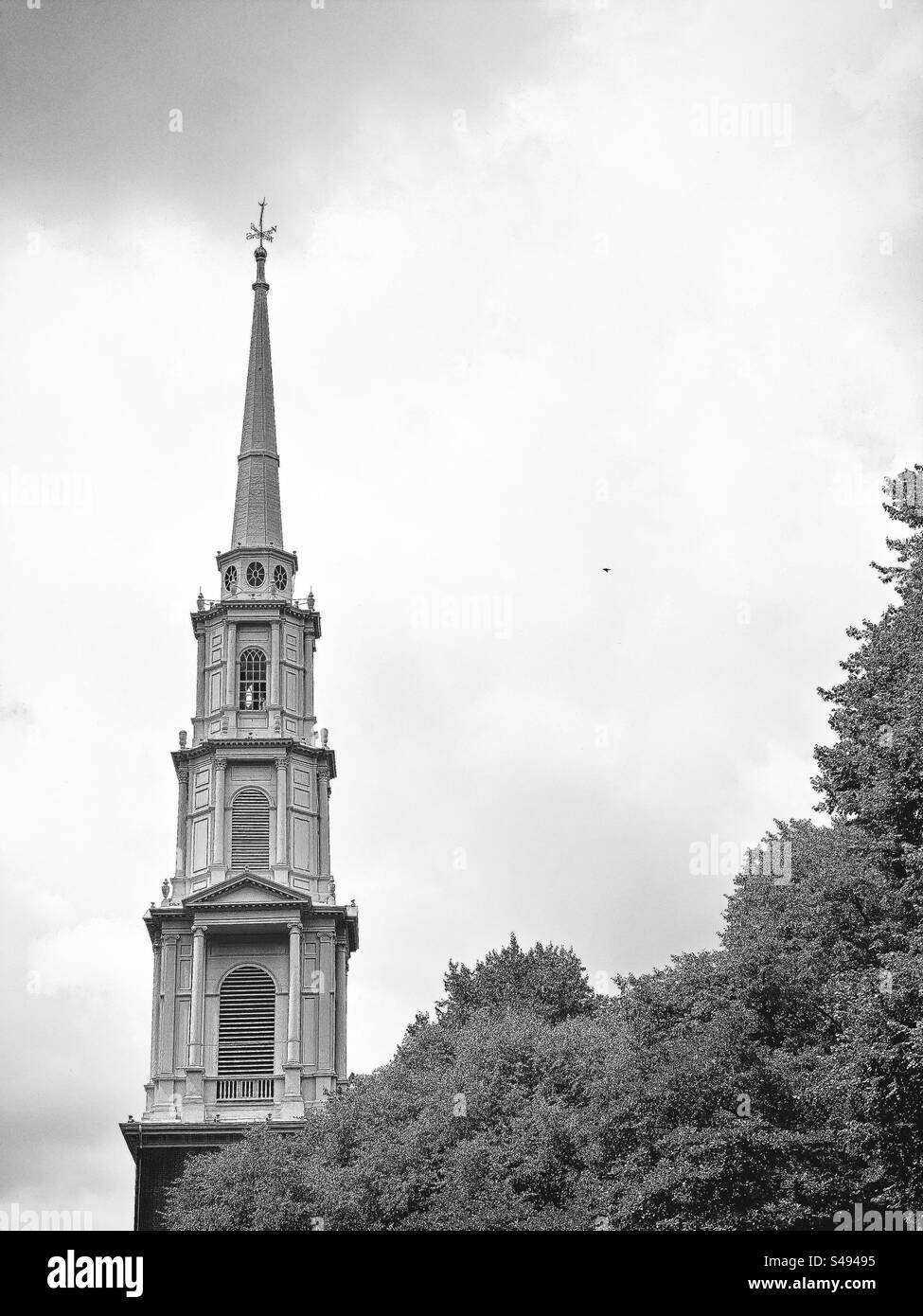 Boston, Massachusetts, USA - August 2023:  Park Street Church in downtown area. Black and white filter. Stock Photo