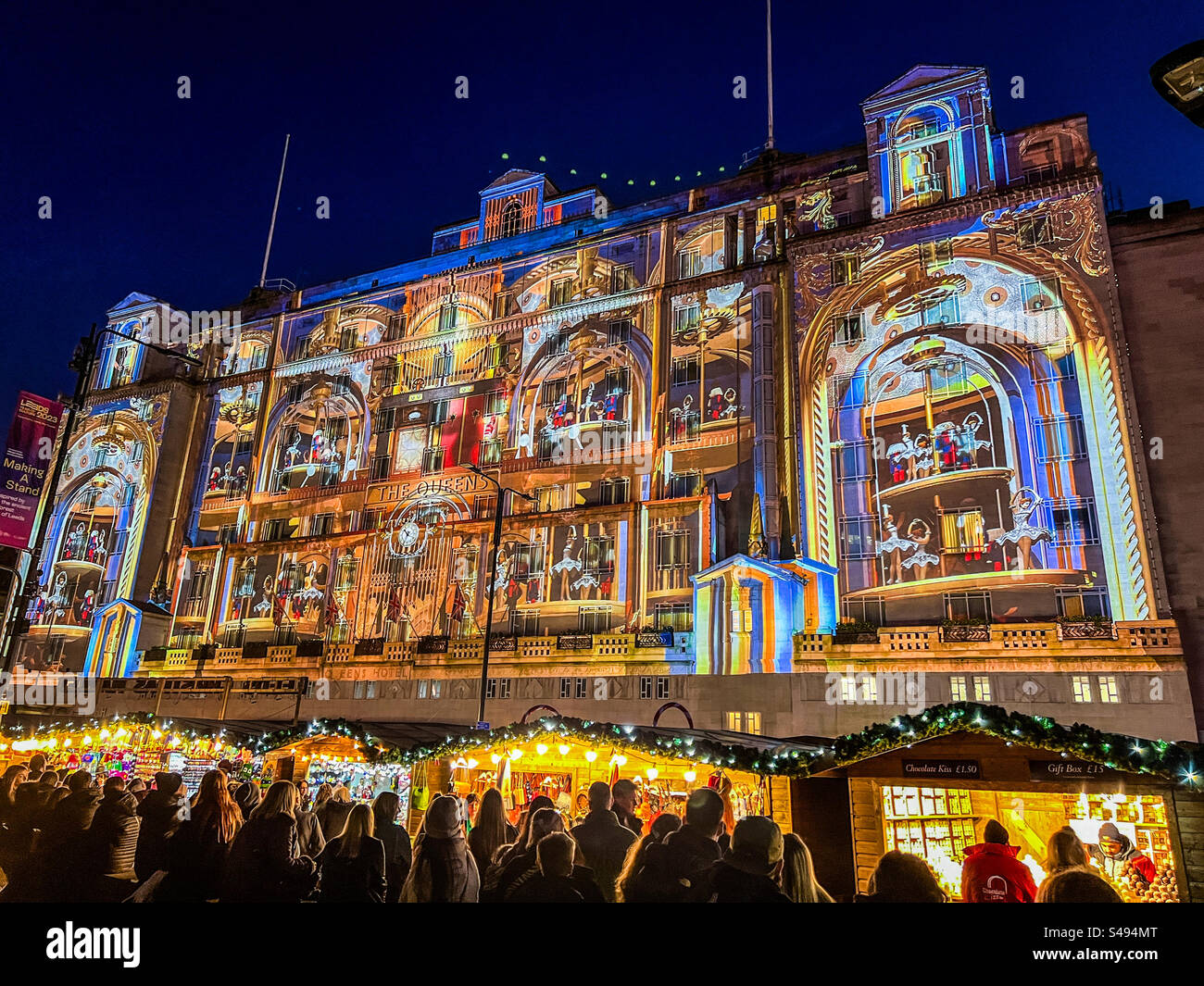 Christmas light show projected onto Queens Hotel in Leeds city centre