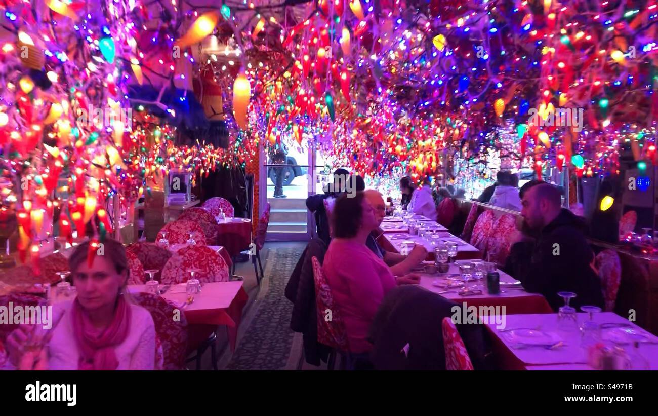 Colorful Indian restaurant interior in New York City. - Smartphone Captured Stock Image