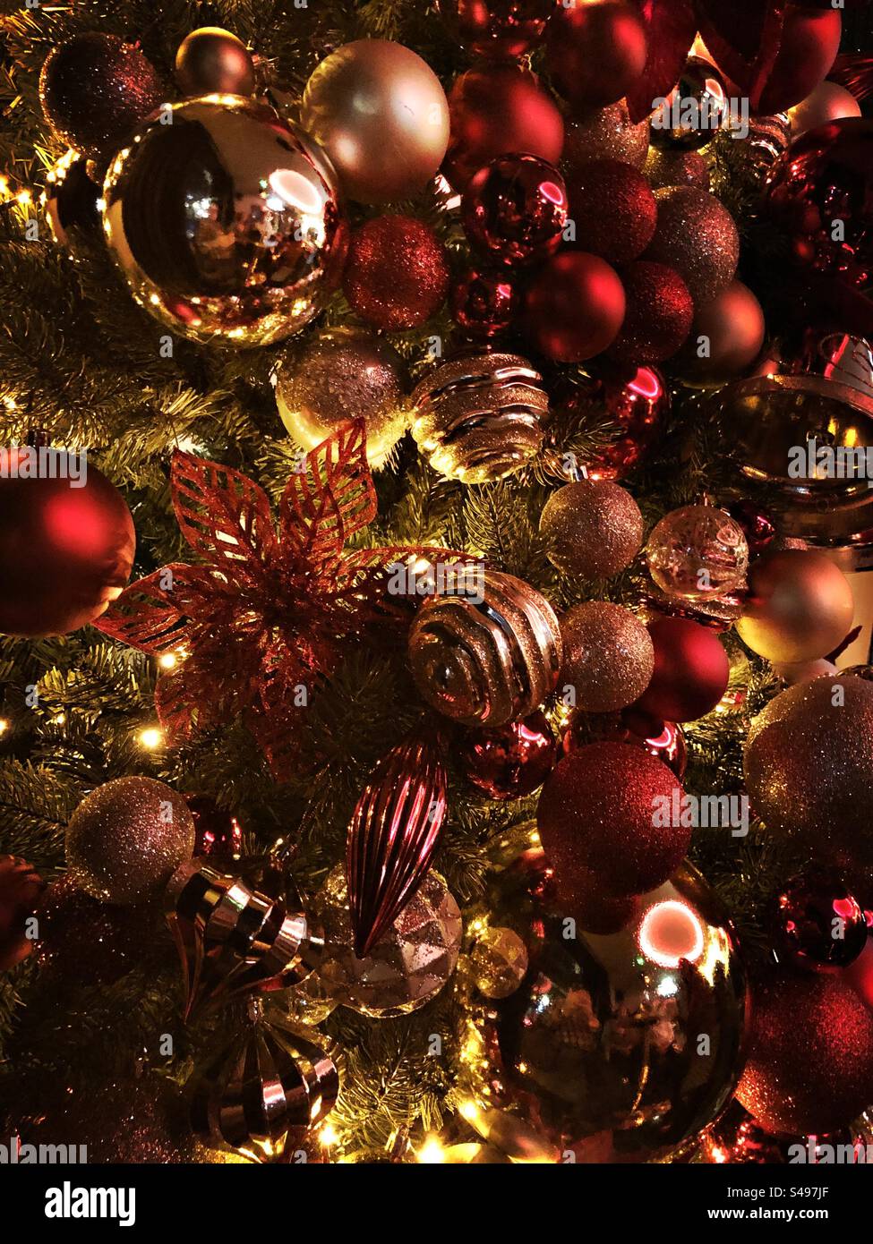 Close up and full frame of Christmas tree decorations on a tree - Smartphone Captured Stock Image