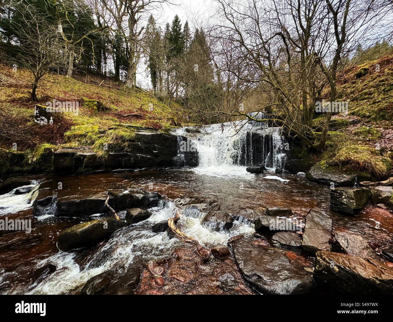 Caerfanell river waterfall, Blaen y Glyn, Bannau Brycheniog, (Brecon Beacons), Wales, December. Stock Photo