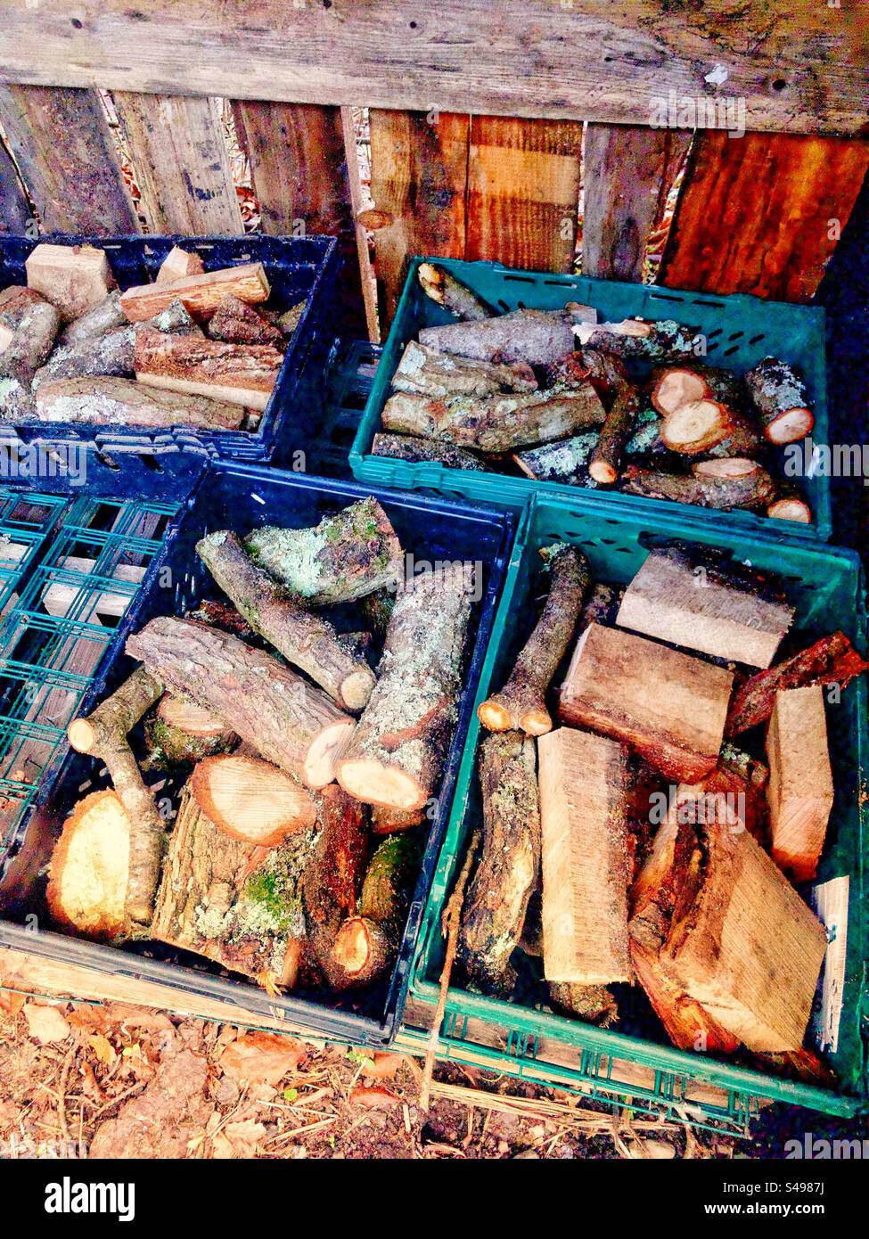 Baskets of various sized logs and chopped wood. North Wales. - Smartphone Captured Stock Image