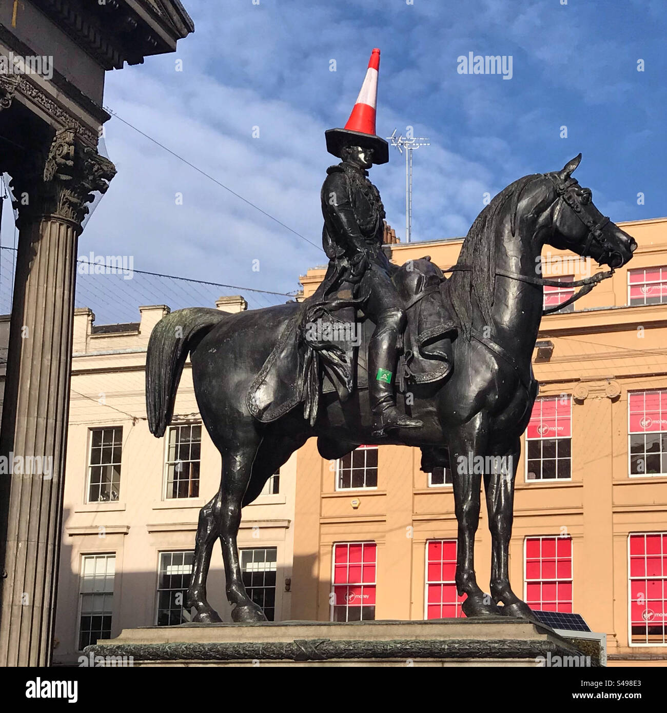 Duke of Wellington Statue with cone on his head in Glasgoe - Smartphone Captured Stock Image