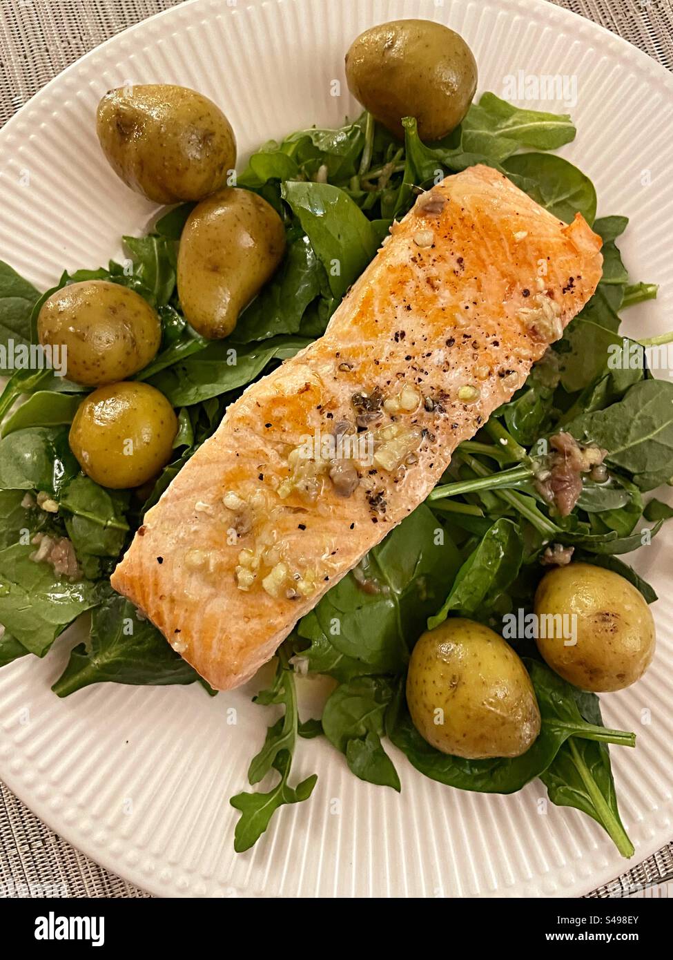 Close Up of Grilled Salmon and New Potato Entree,  USA - Smartphone Captured Stock Image