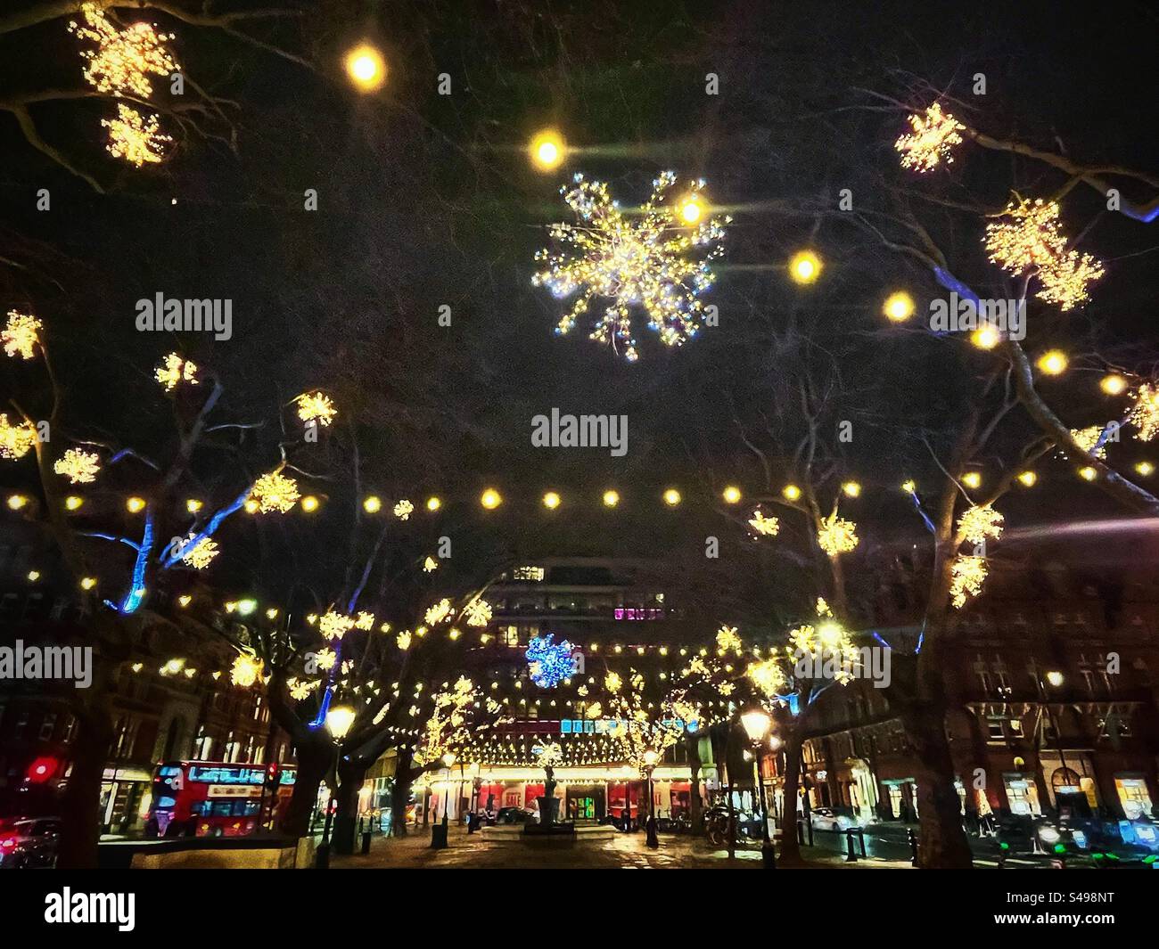 Winter lights in Sloane Square in Chelsea, London. Stars and string lamps on the trees. Seen at Christmas time in the night. - Smartphone Captured Stock Image