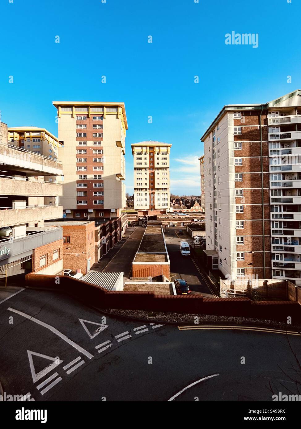 Tower blocks against a blue sky in Wakefield city centre Stock Photo