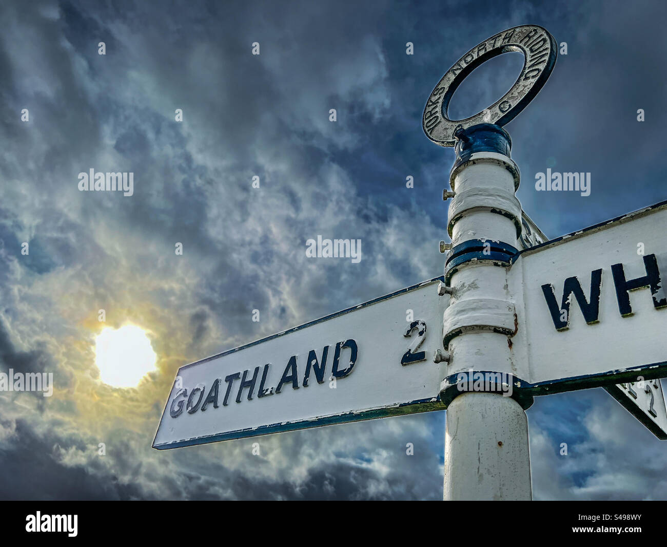 Classic roadside sign in the North York moors National Park Goathland and Whitby during sunset - Smartphone Captured Stock Image