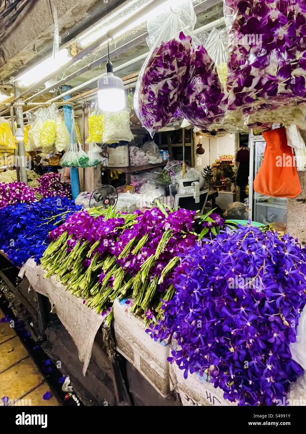 Colorful orchids on display at the Pak Khlong Talat flower market in Bangkok,. - Smartphone Captured Stock Image