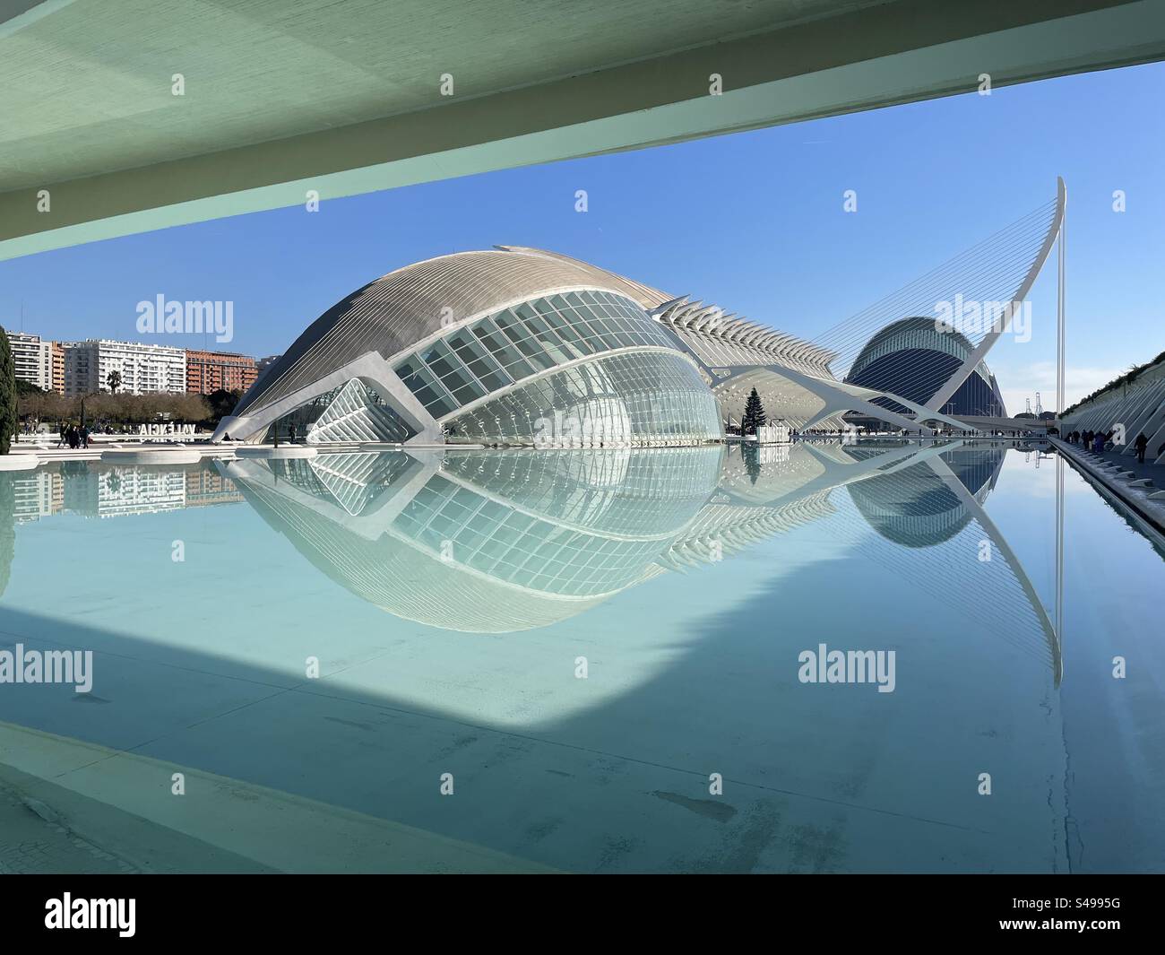 City of Arts and Sciences, Valencia. One of the buildings designed by architect Santiago Calatrava, the Hemisféric- IMAX cinema and digital films. Stock Photo