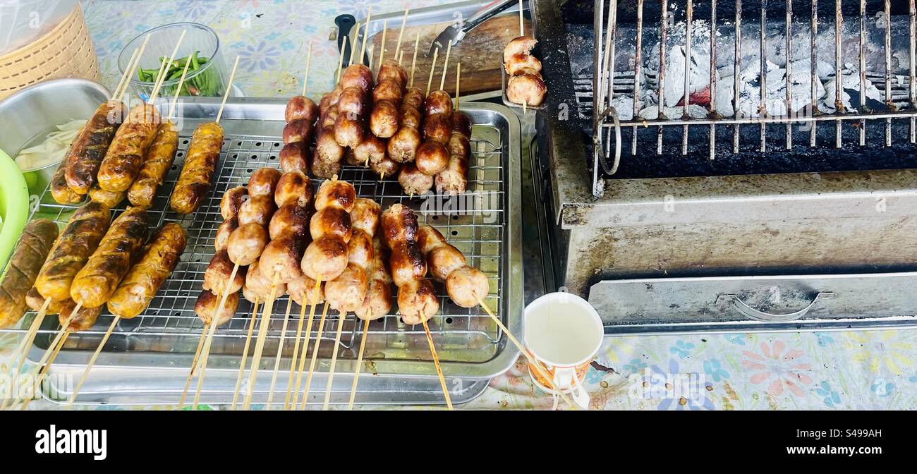 Grilles sausages and pork balls. - Smartphone Captured Stock Image