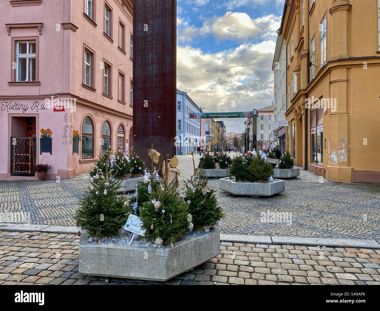 Christmas decorations with little pine trees on a big pedestrian street in the historic center of Cheb, Czech Republic. - Smartphone Captured Stock Image