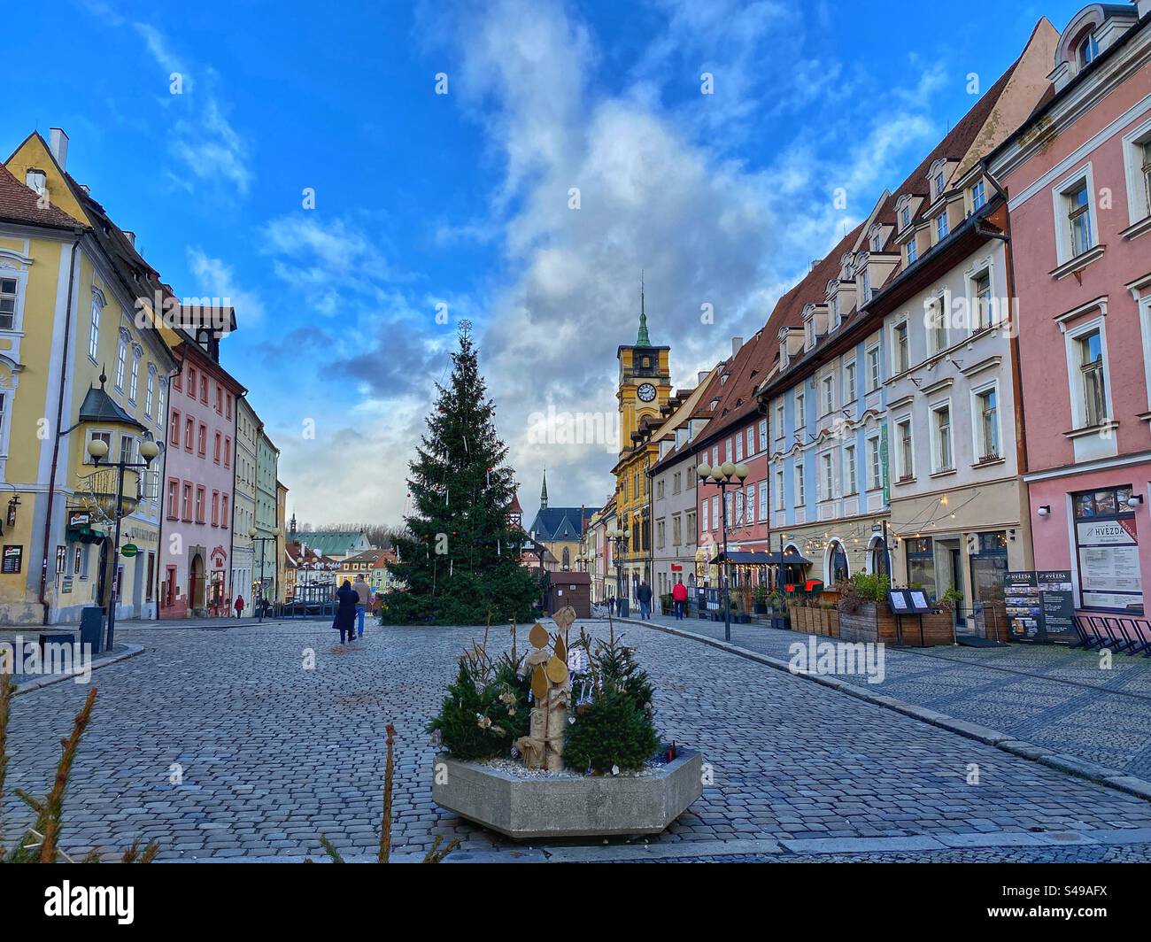 The main square in Cheb with Christmas tree and historic colorful buildings, Czech Republic. - Smartphone Captured Stock Image