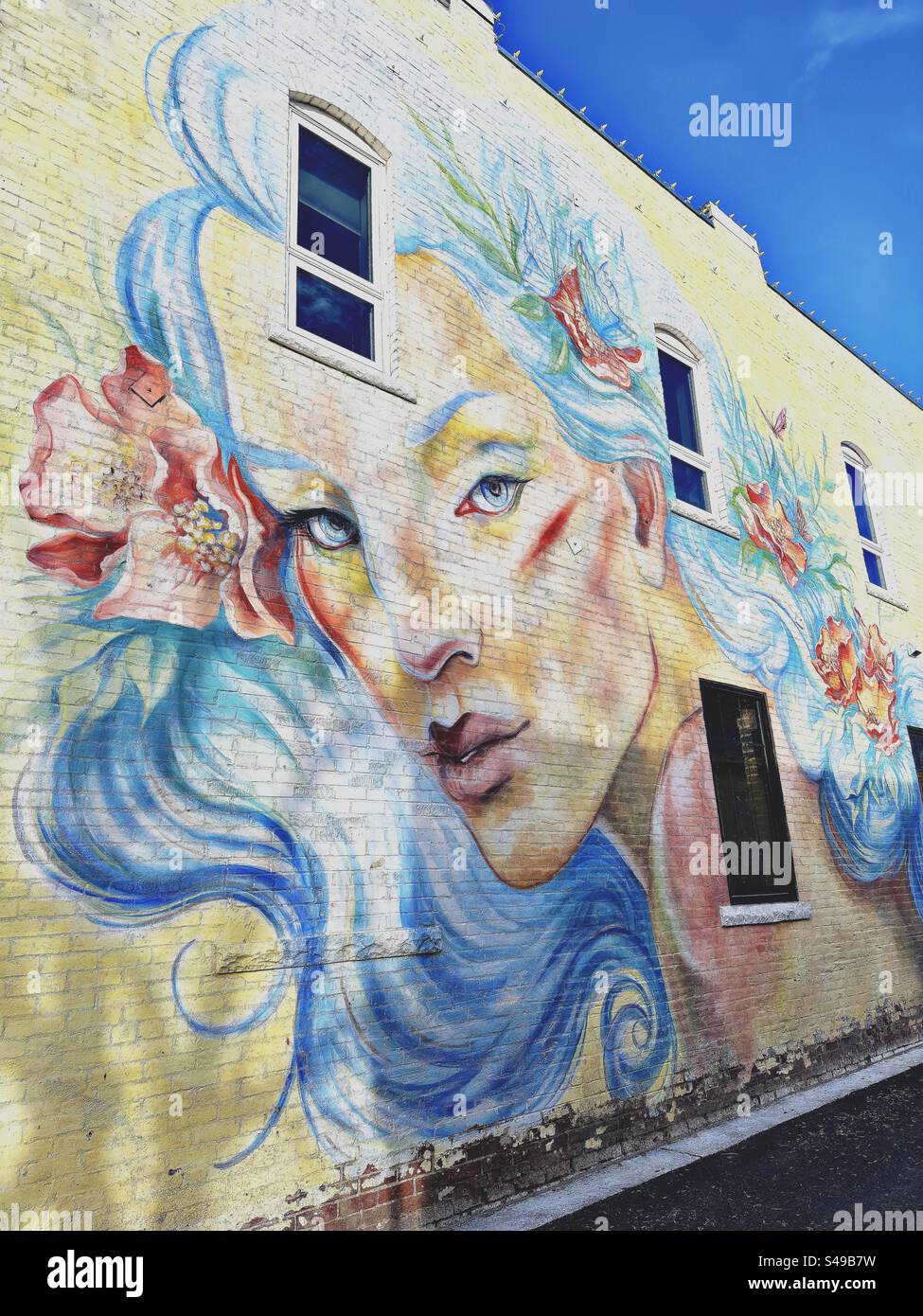 Loveland, Colorado, USA:  Wall mural with female face.  Colorful and beautiful woman with flowers in blue hair.  Windows on exterior of painted, yellow building. Stock Photo