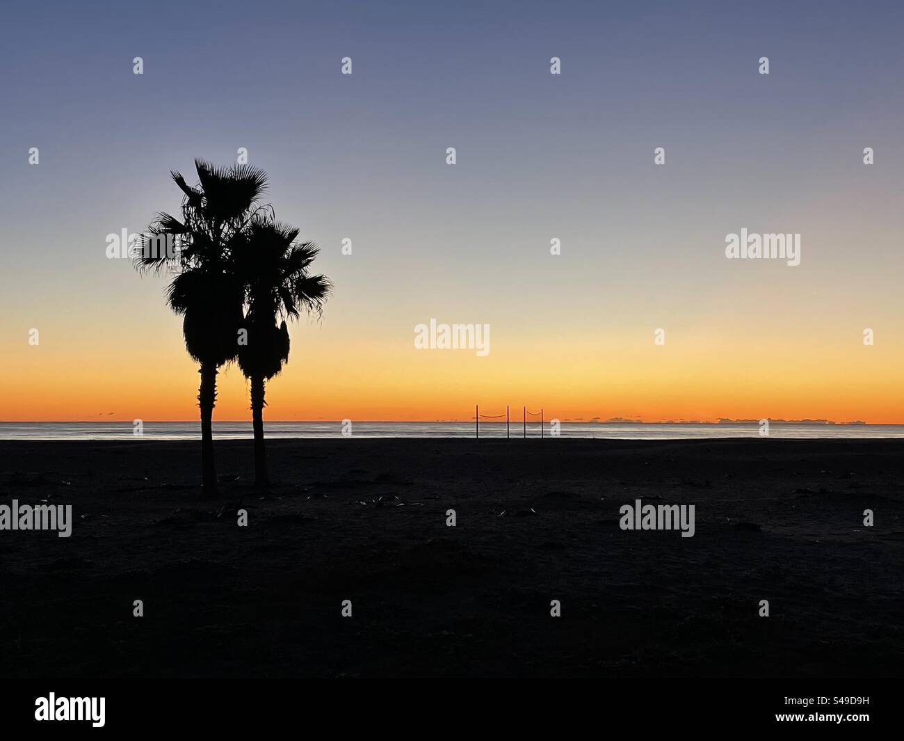 Silhouette of a duo of palm trees on the beach of Burriano, Spain. Set against a colourful sunrise over the Mediterranean. Stock Photo