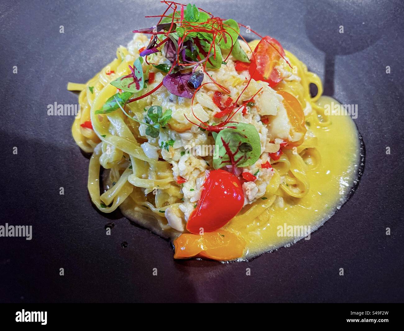 High angle close-up view of pasta with spanner crab in creamy sauce with fresh salad on black plate. - Smartphone Captured Stock Image