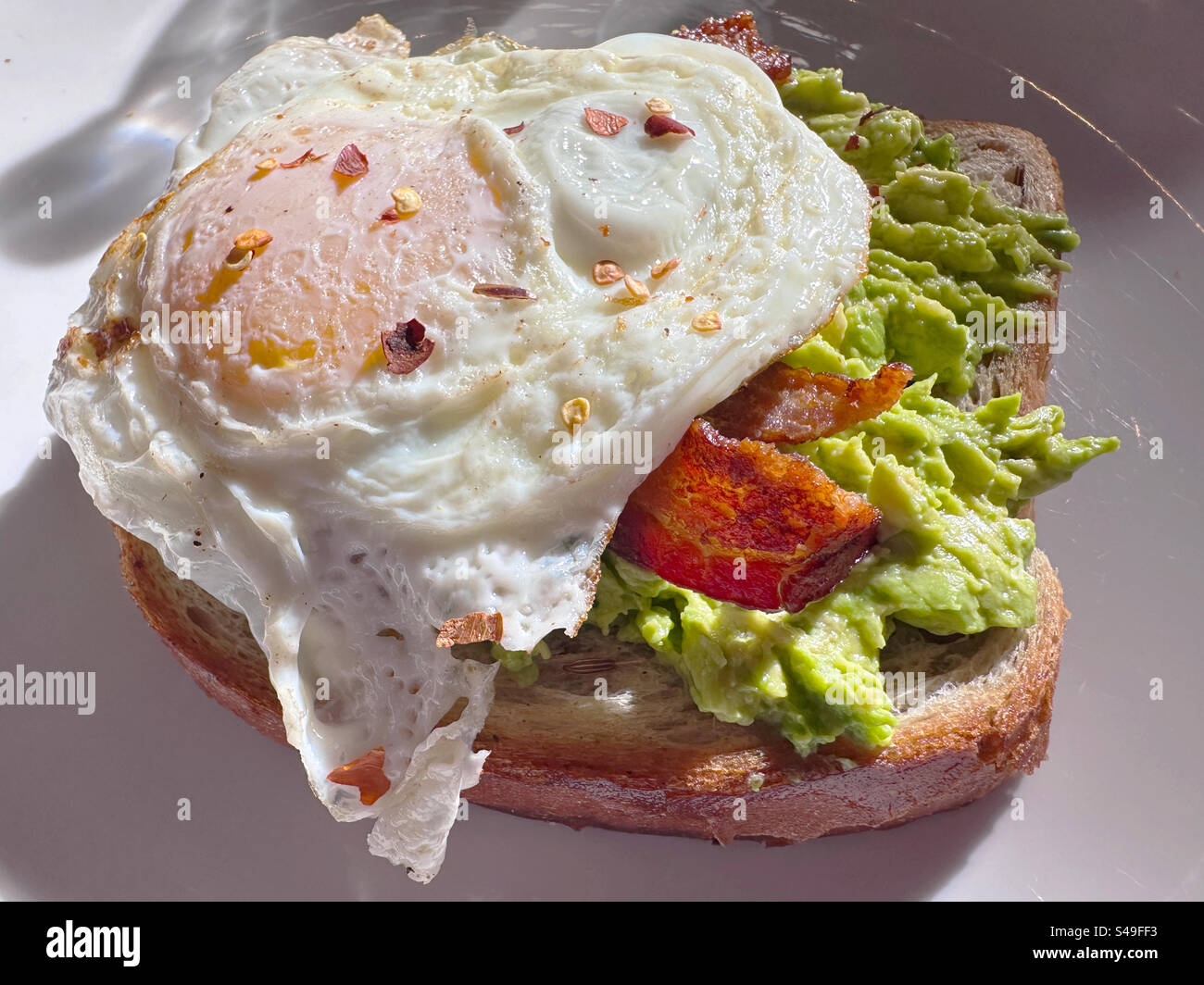 A breakfast of fried egg, bacon and  mashed avocado on toast. - Smartphone Captured Stock Image