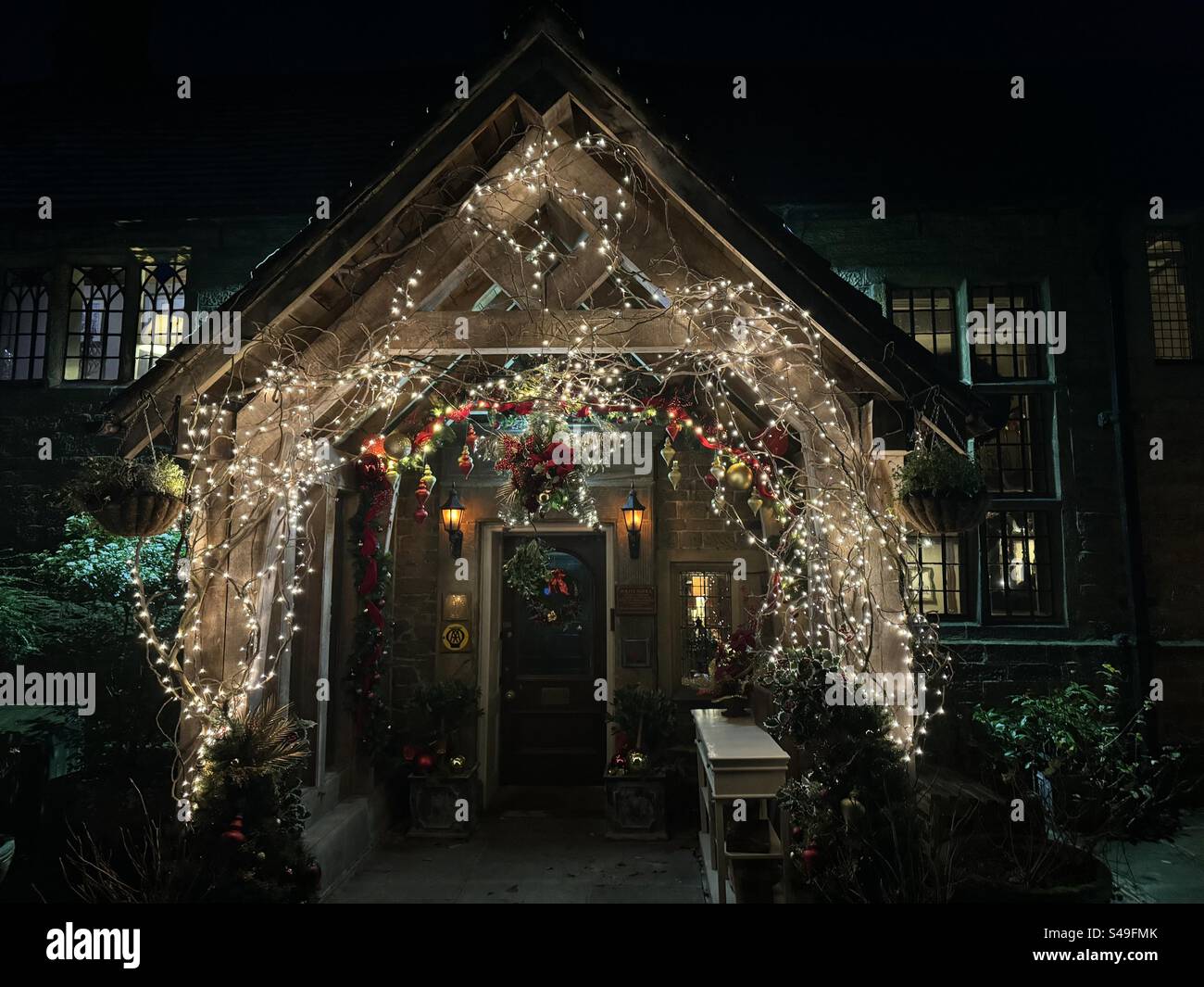 The entrance to Whitley Hall hotel decorated with festive decorations - Smartphone Captured Stock Image