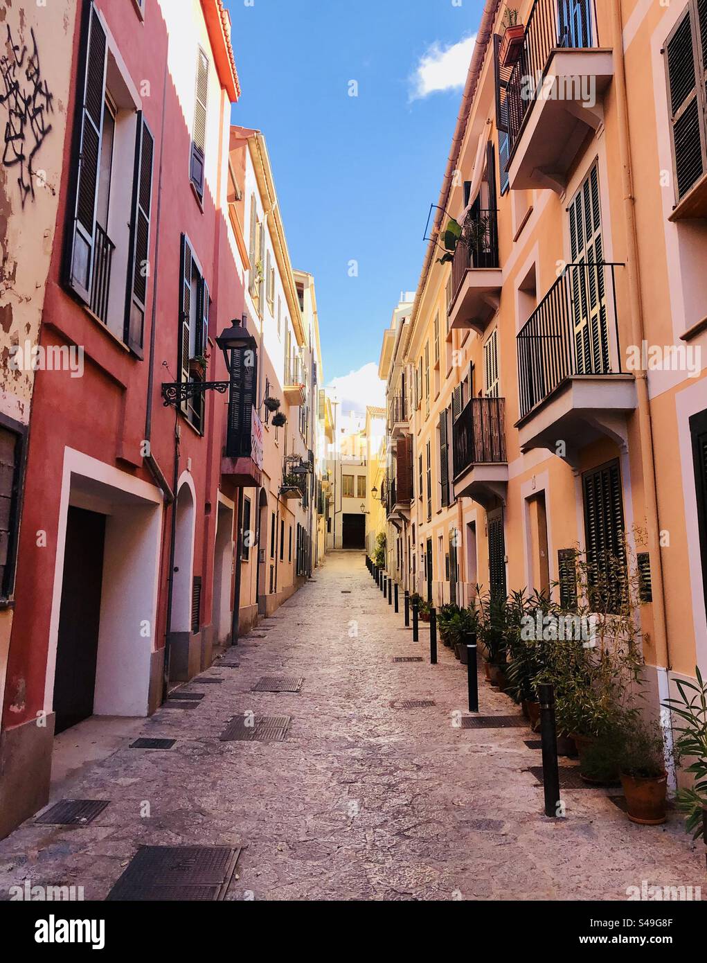 Typical spanish old town street in blue sky - Smartphone Captured Stock Image