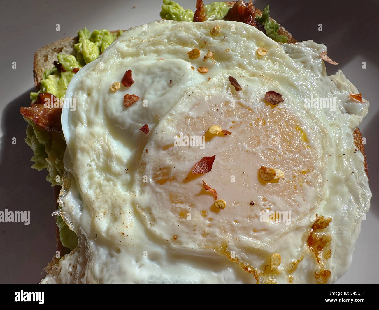 Fried egg and bacon with red pepper flakes on avocado toast. - Smartphone Captured Stock Image