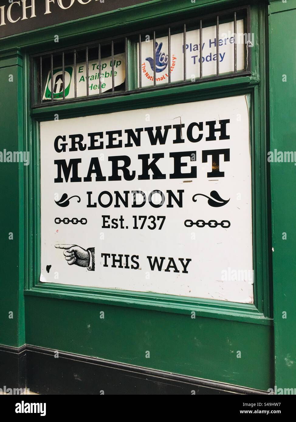 Greenwich market this way sign - Smartphone Captured Stock Image