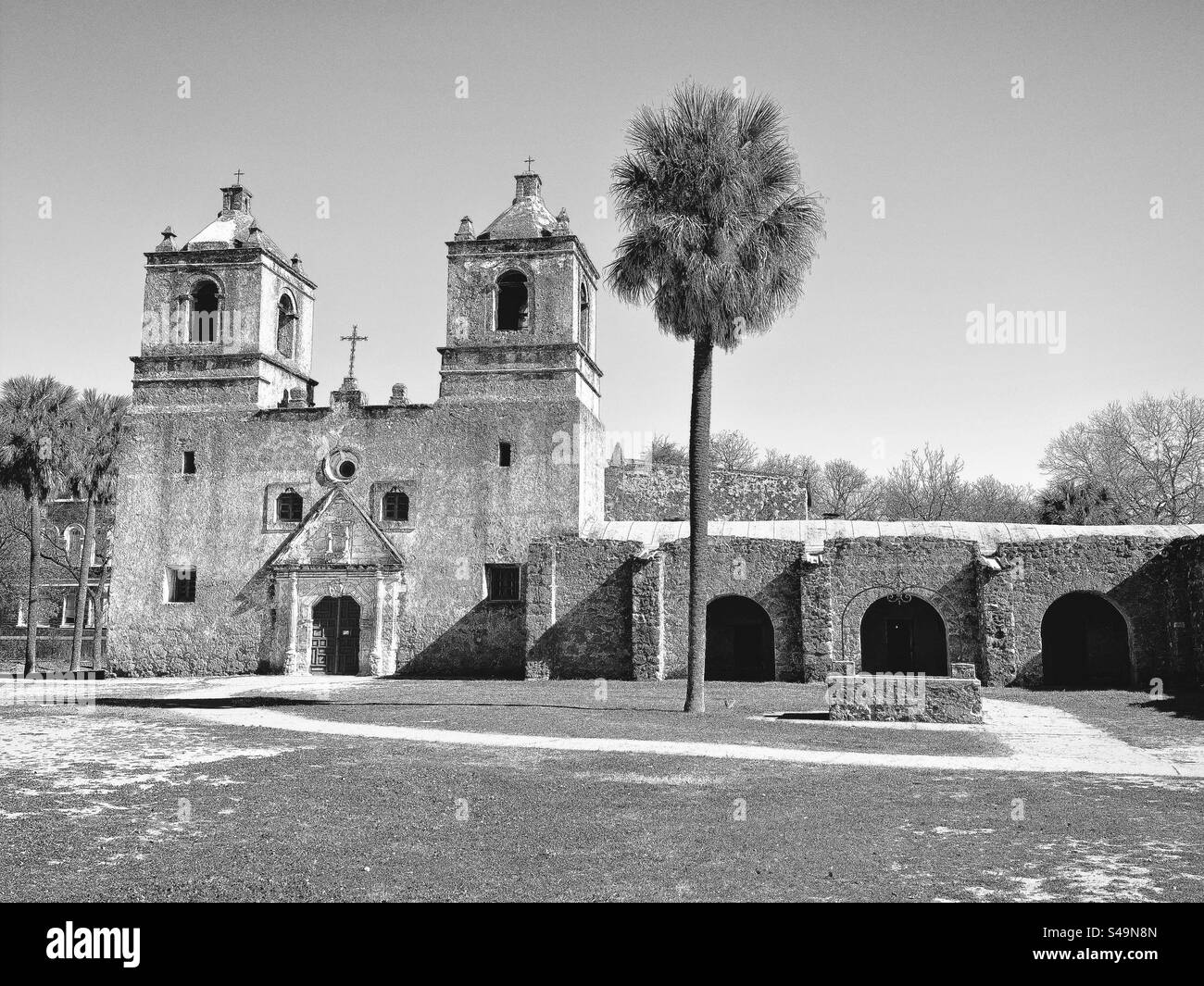 Exterior view of Mission Concepcion at San Antonio Missions National Historical Park in Texas, USA.  UNESCO World Heritage Site. Black and white filter. Stock Photo