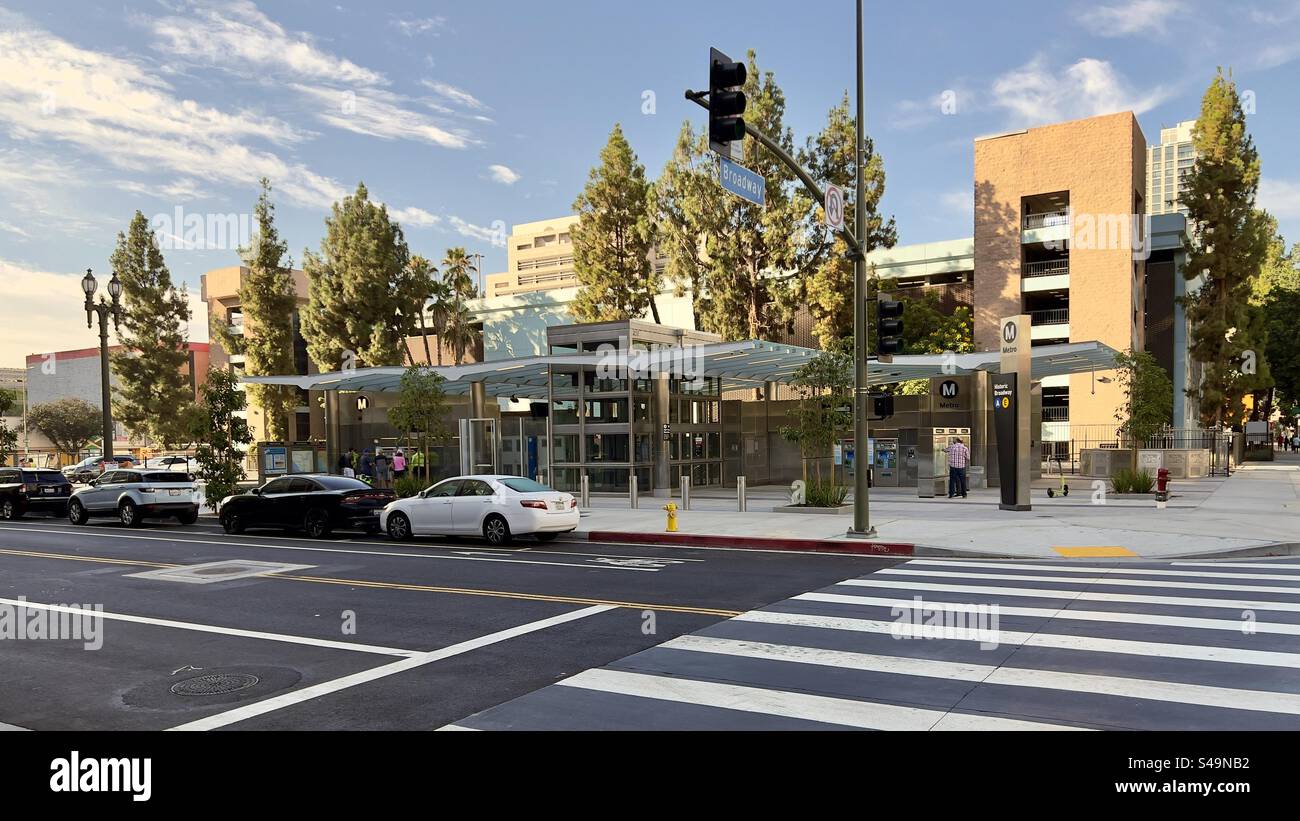 LOS ANGELES, CA, AUG 19, 2023: new LA Metro Historic Broadway underground station, with commuters checking out maps and signage in the center of Downtown - Smartphone Captured Stock Image