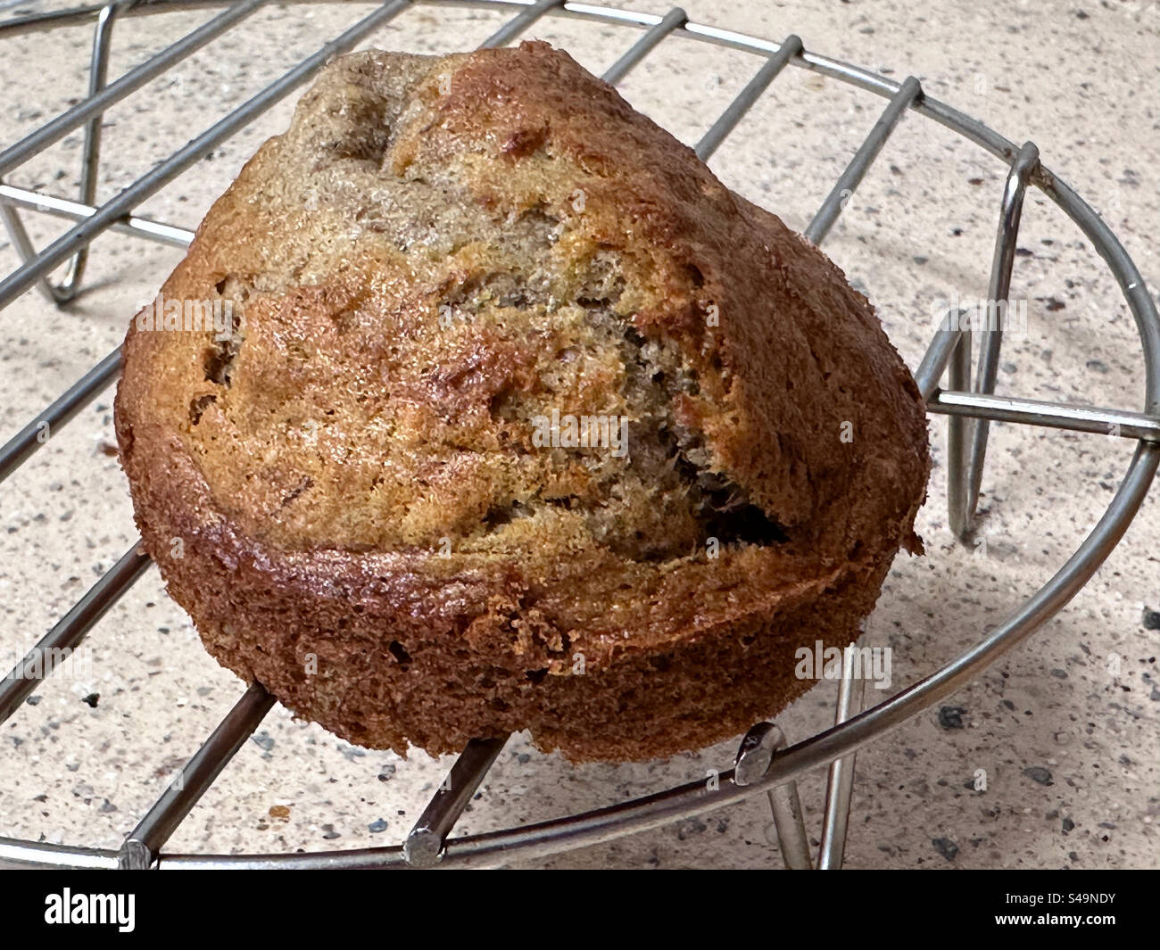 One banana muffin on wire rack after being baked in air fryer. - Smartphone Captured Stock Image
