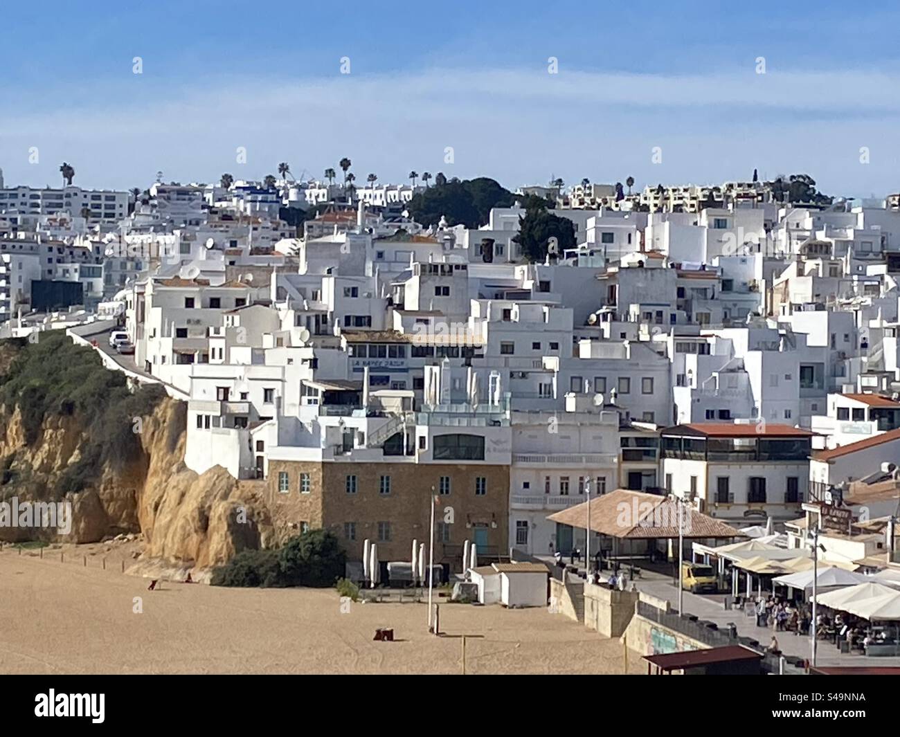 All the bright white washed buildings in the town of Albufeira in Portugal. Stock Photo