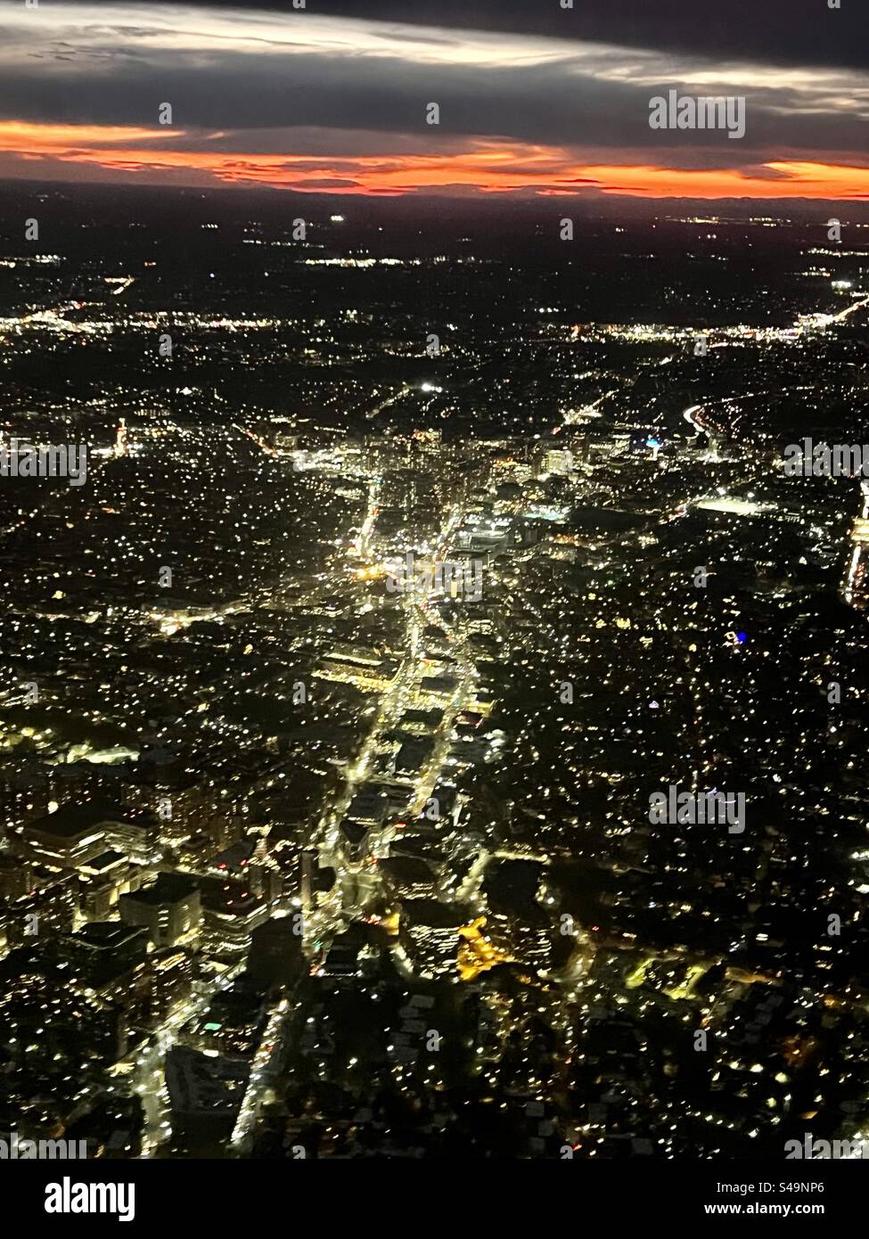 Aerial view over Washington DC as sun is setting into the horizon - Smartphone Captured Stock Image