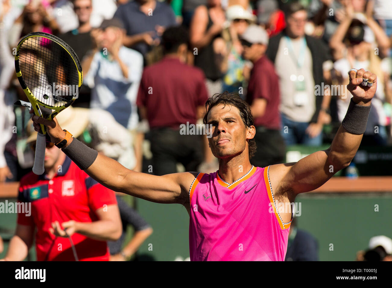Rafael Nadal (ESP) waves to the crowd after he defeated Karen Khachanov (RUS) 7-6, 7-6 at the BNP Paribas Open at the Indian Wells Tennis Garden in Indian Wells, California