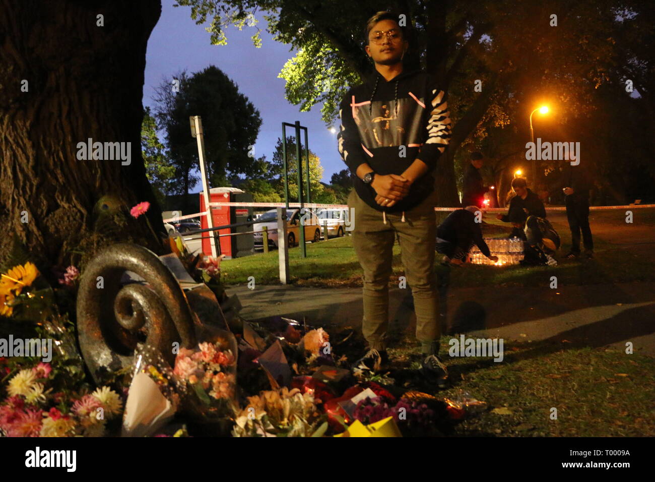 Christchurch, New Zealand. 16th Mar, 2019. The very brave Kevin Huisena, who had returned for the candlelight vigil, only after fleeing the Deans Rd mosque when the shooting began. One of his friends who he attended the mosque with is still missing and presumed to be still in the mosque deceased.Around 49 people has been reportedly killed in the Christchurch mosques terrorist attack shooting targeting the Masjid Al Noor Mosque and the Linwood Mosque. Credit: Adam Bradley/SOPA Images/ZUMA Wire/Alamy Live News Stock Photo