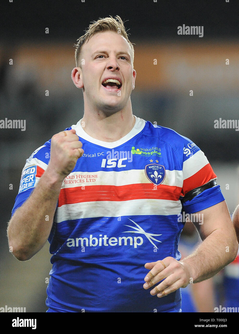 Hull, UK. , . 15 March 2019. KCOM Stadium, Hull, England; Rugby League Betfred Super League, Hull FC vs Wakefield Trinity; Wakefield TrinityÕs Craig Kopczak celebrates win. Credit: Dean Williams/Alamy Live News Stock Photo