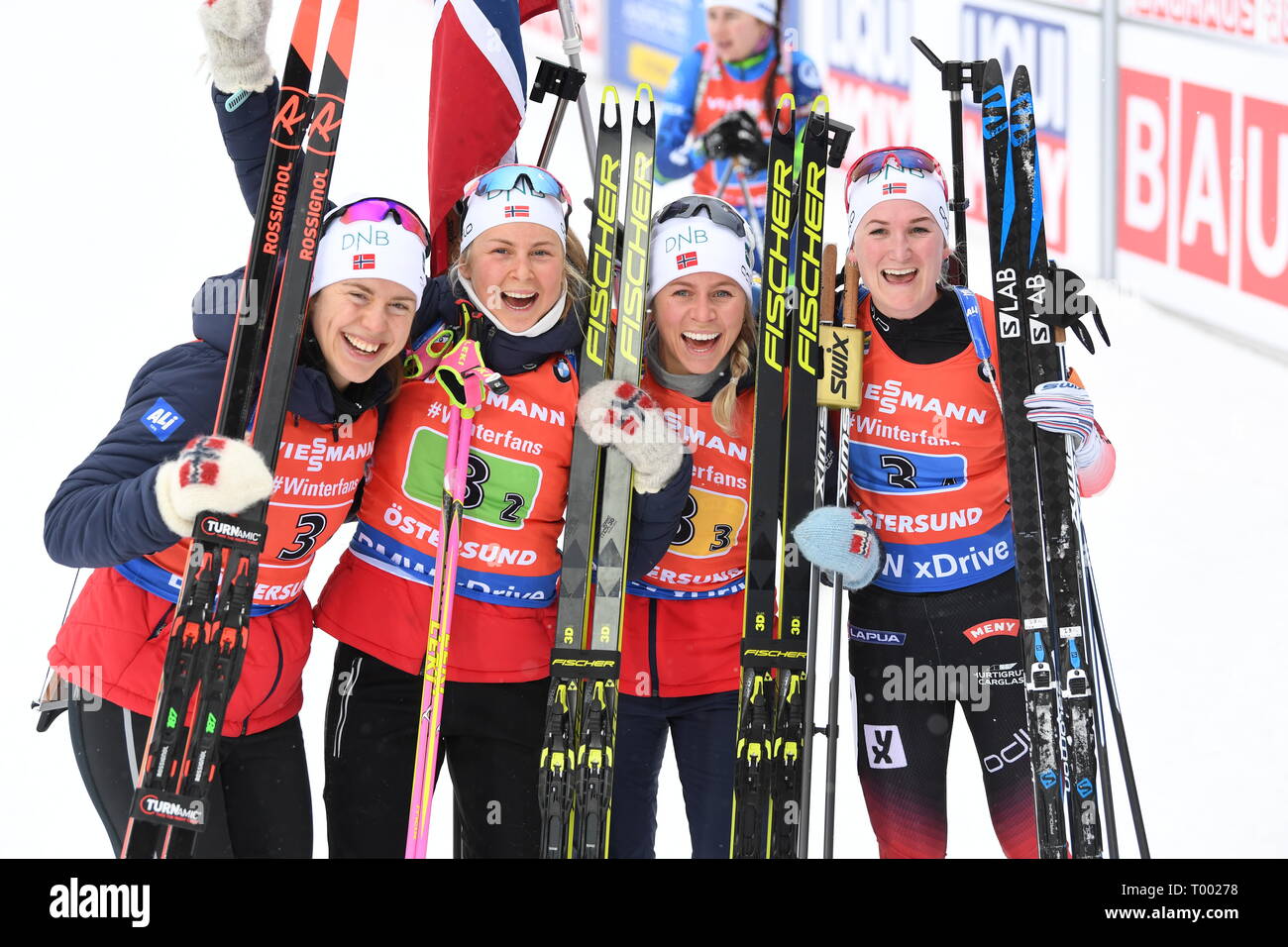 16 March 2019, Sweden, Östersund: Biathlon: World Championship, Relay 4 x 6  km, Women. The Norwegian