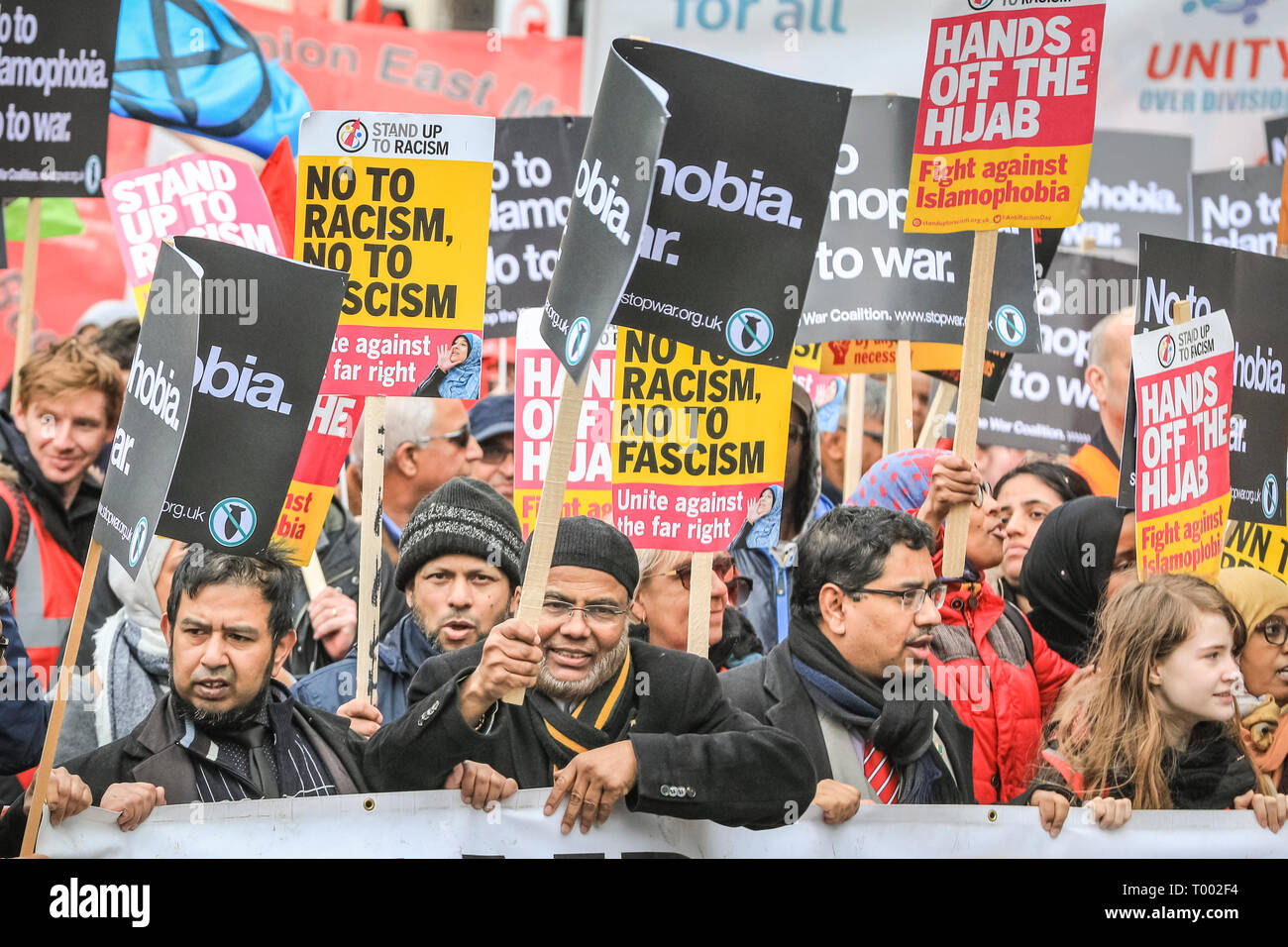 London, UK, 16th Mar 2019. Protesters in central London. A march, organised by activist groups 'Stand Up to Racism' and 'Love Music Hate Racism', and supported by unions TUC and UNISON, proceeds from Hyde Park Corner via Piccadilly and Trafalgar Square to Whitehall and Downing Street in Westminster. Similar events are held in other locations on UN Anti Racism Day. Credit: Imageplotter/Alamy Live News Stock Photo