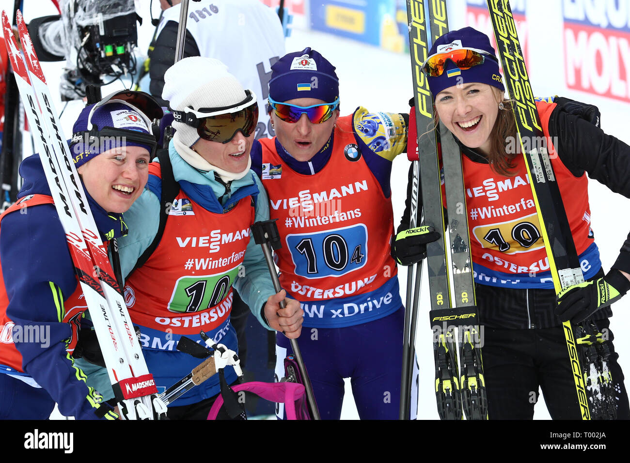 Ostersund, Sweden. 16th Mar, 2019. IBU World Championships Biathlon, day 8,  ladies relay; (L-R) Anastasiya Merkushyna,