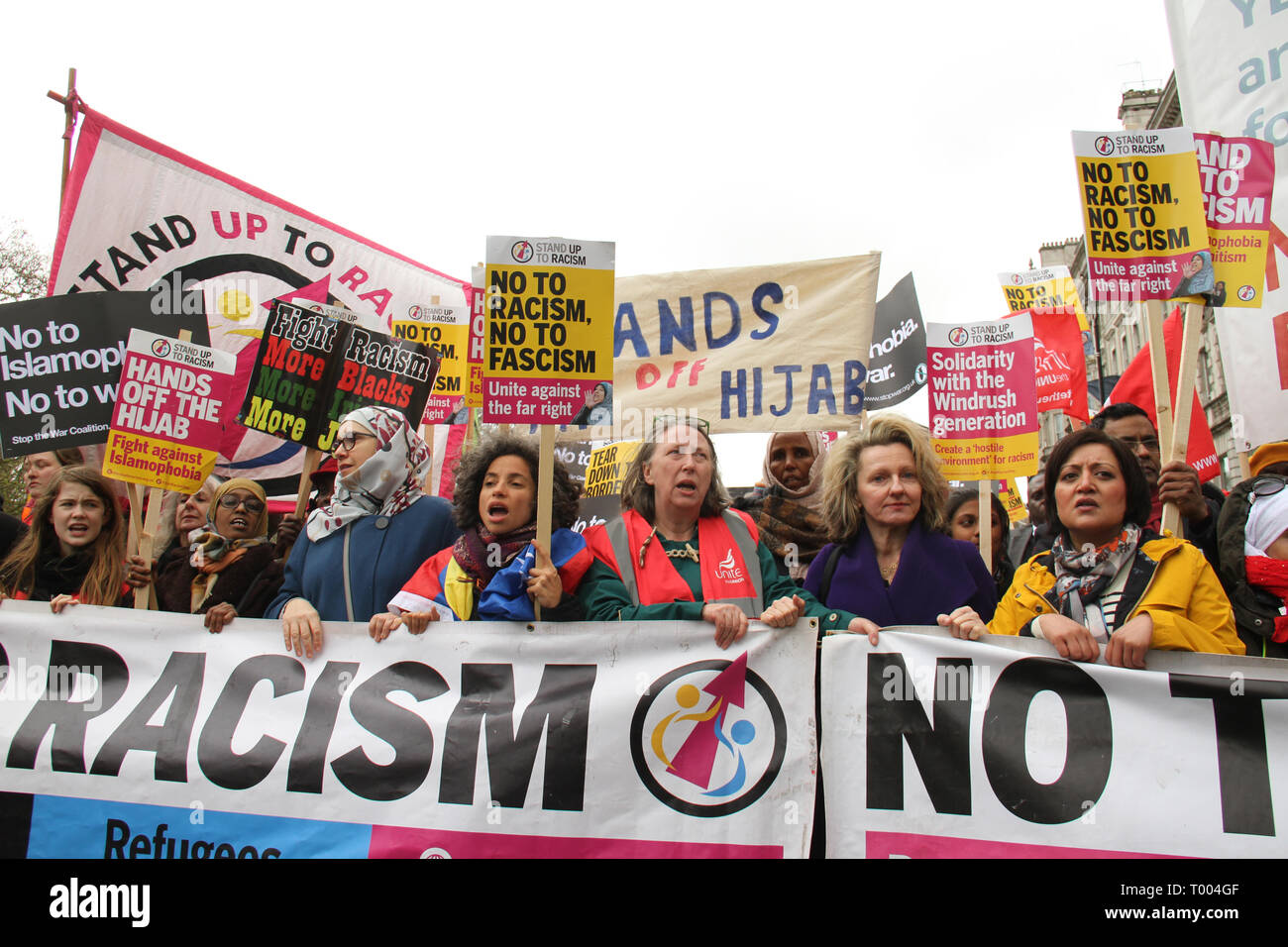 London, UK - 16 March 2019: Thousands of people took part in the UN Anti-Racism Day demonstration that took place in central London on 16 March. The demonstration which began in Park Lank and ended outside Downing Street was organised by Stand Up to Racism and Love Music Hate Racism and supported by the TUC and UNISON. Photo: David Mbiyu Stock Photo